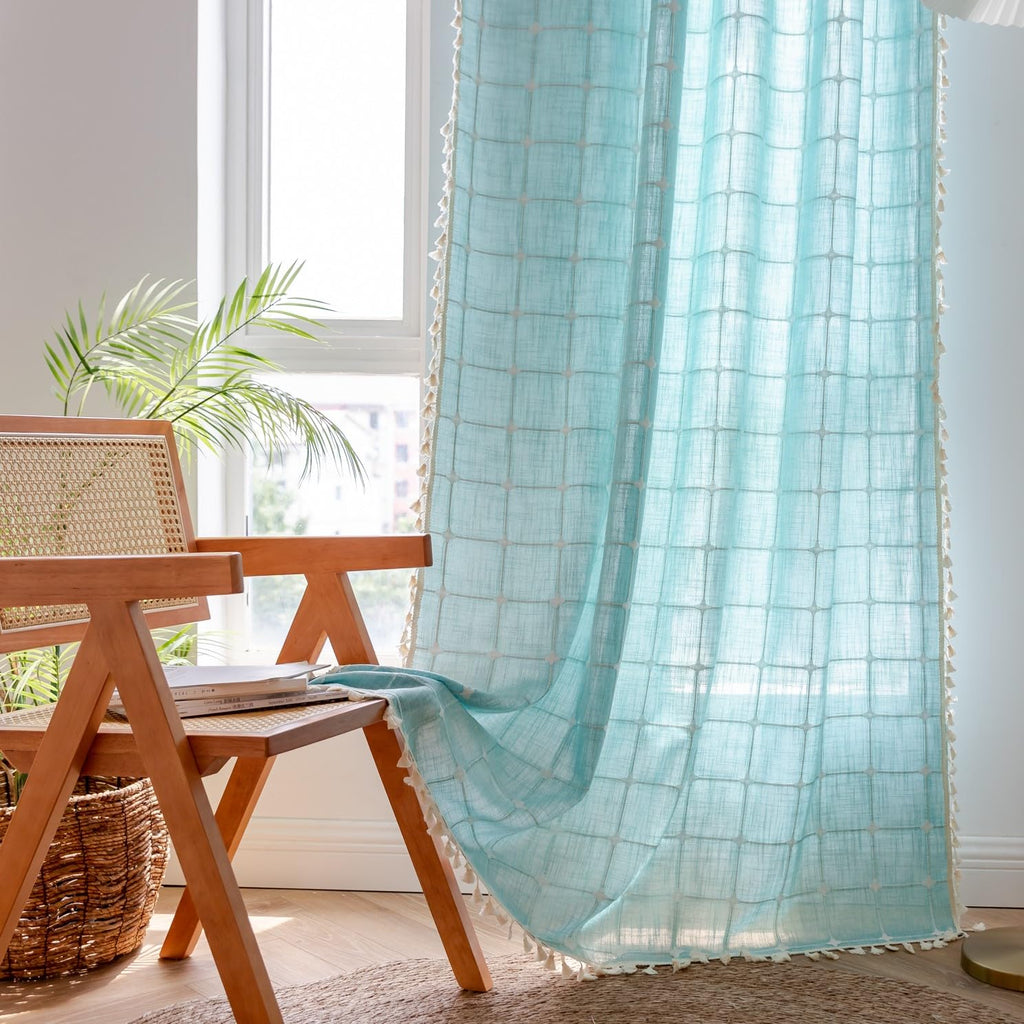 Sutuo Home Boho Curtain Plaids For Bedroom, Semi Blackout Linen Farmhouse Tassels Window Treatment Bohemian Embroidery Drape For Home Decor, Rod Pocket 1 Panel 52' W X 84' L, Aqua Blue
