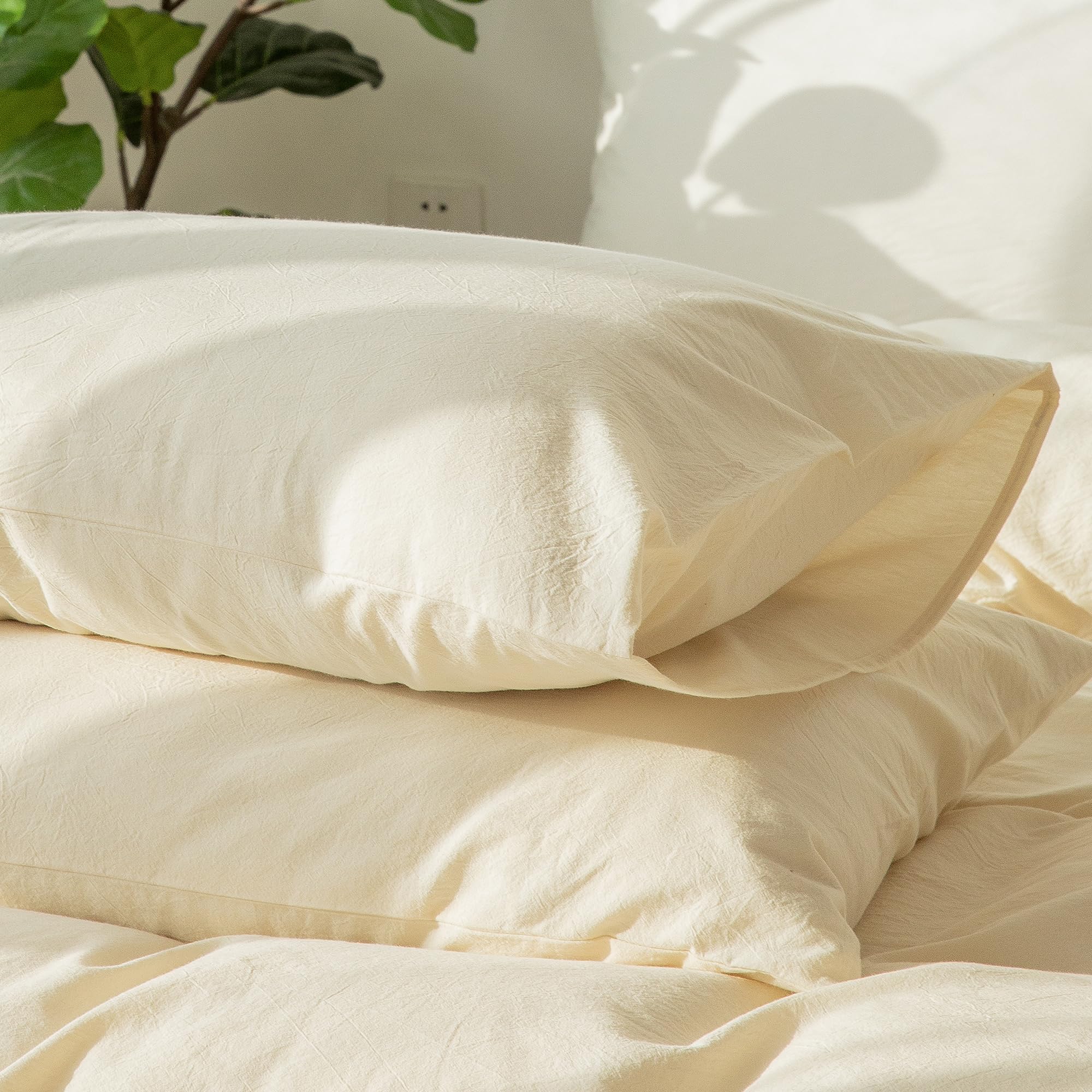 Moomee Bedding Pillowcases Pack Of 2 100% Washed Cotton Linen Like Textured Breathable Durable Soft Comfy (Cream White, King)