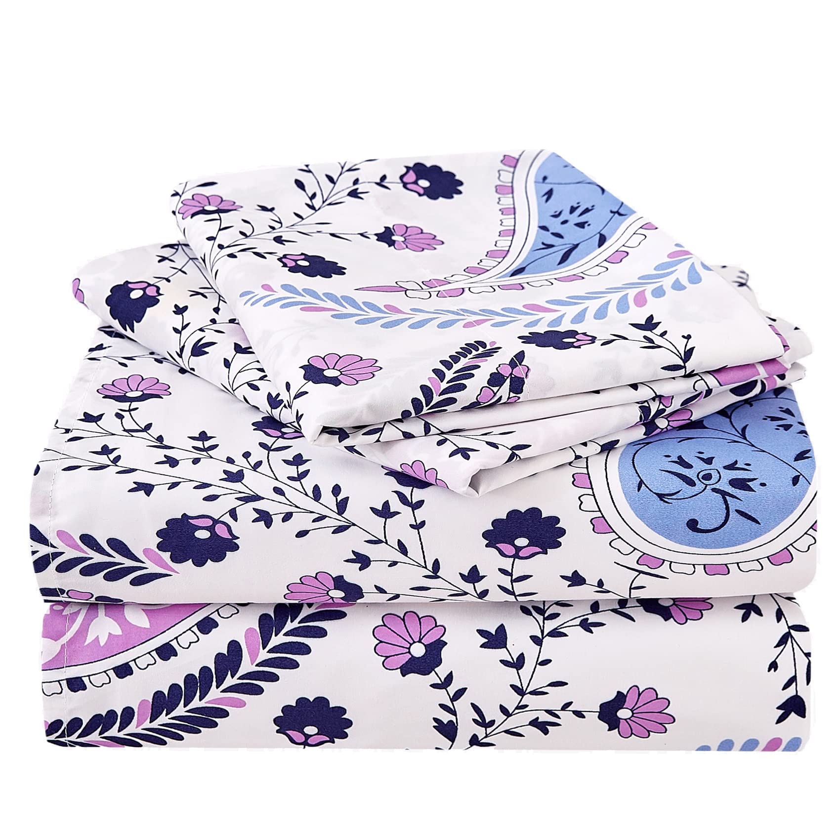 Jsd Paisley Floral Printed Sheet Set Full Size, 4 Piece Soft Pattern Microfiber Sheets Extra Deep Pocket