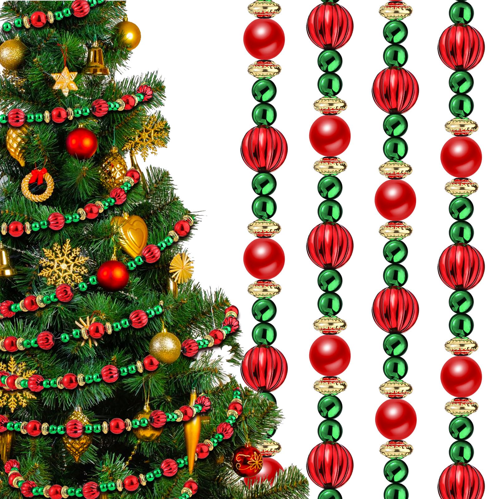 Geosar 2 Pcs Christmas Tree Bead Garland 9 Feet Twisted Beads Christmas Tree Pearl Garland Red and Green Xmas Tree Bead for Chri