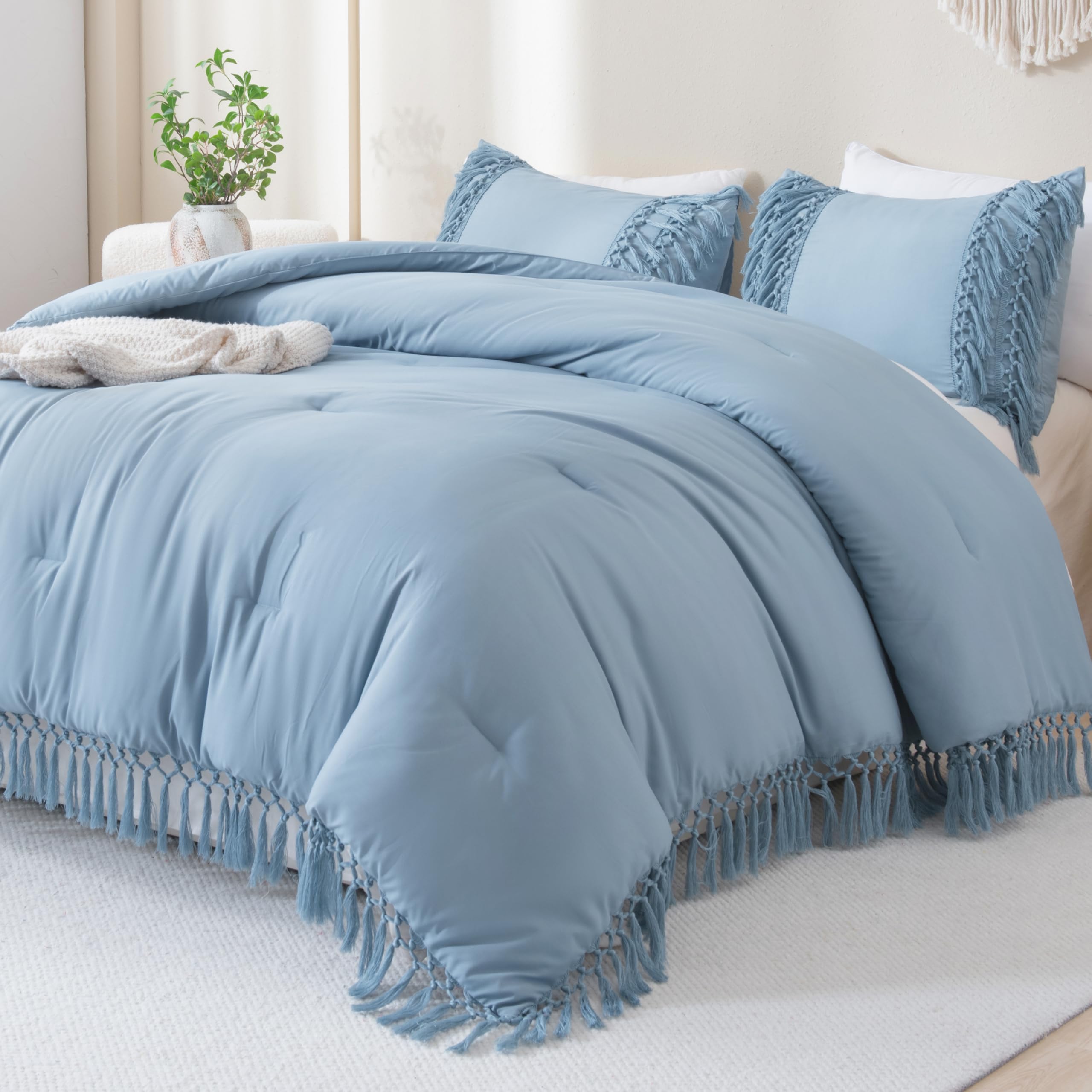 Andency Grayish Blue Comforter Set Queen, 3 Pieces Boho Tassel Lightweight Soft Bedding Comforter Sets, All Season Fluffy Fringe