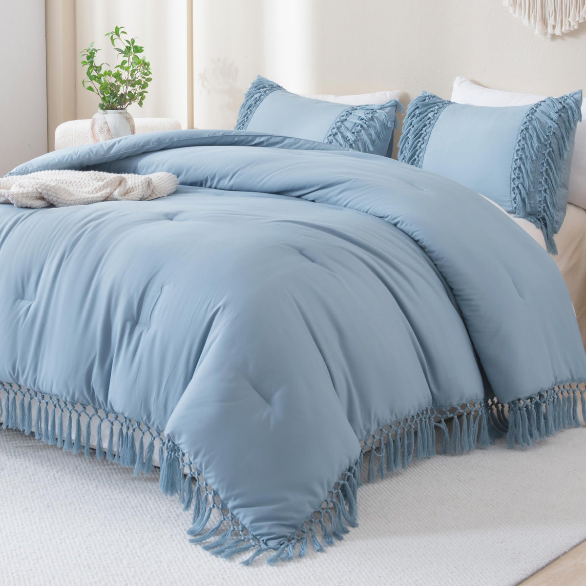 Andency Grayish Blue Comforter Set King, 3 Pieces Boho Tassel Lightweight Soft Bedding Comforter Sets For King Bed, All Season F