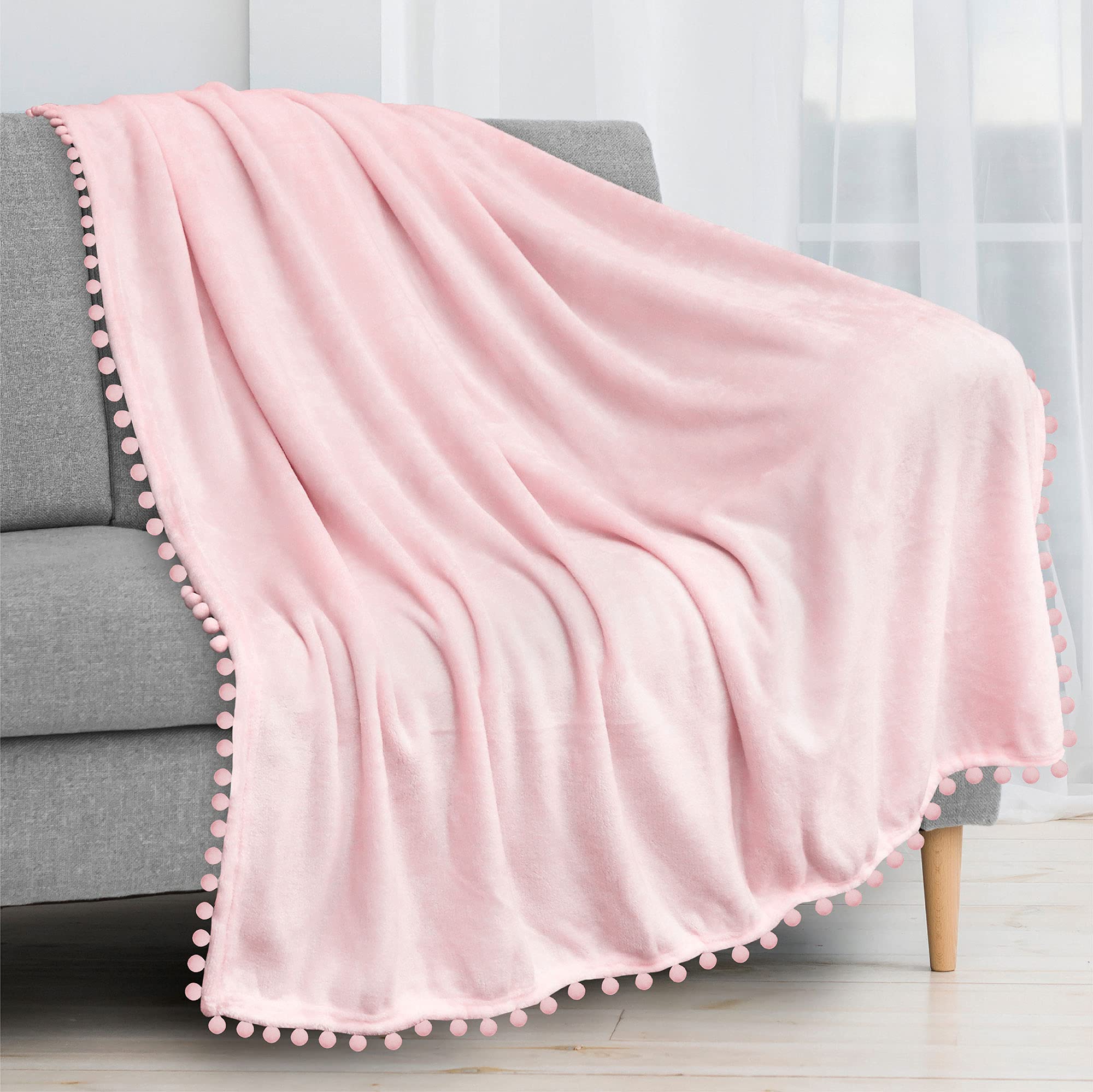 Pavilia Pom Pom Blanket Throw, Light Pink | Soft Fleece Pompom Fringe Blanket For Couch Bed Sofa | Decorative Cozy Plush Warm Fl