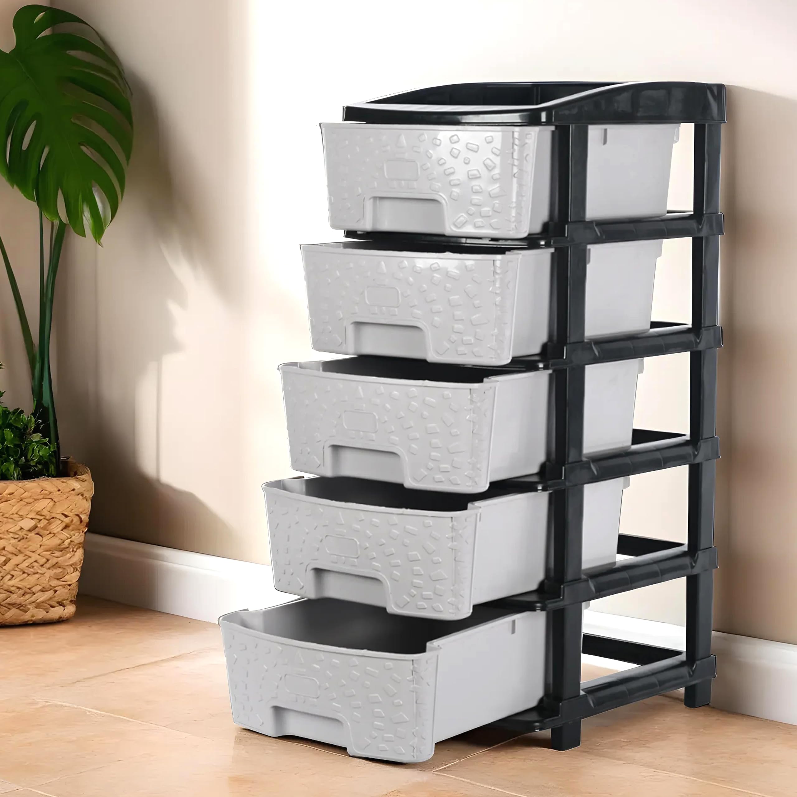 Kuber Industries 5Layer & 60 Ltr Plastic Drawer Storage Organiser | Modular Kitchen & Toy Organizer For Kids Room | Black & Gre