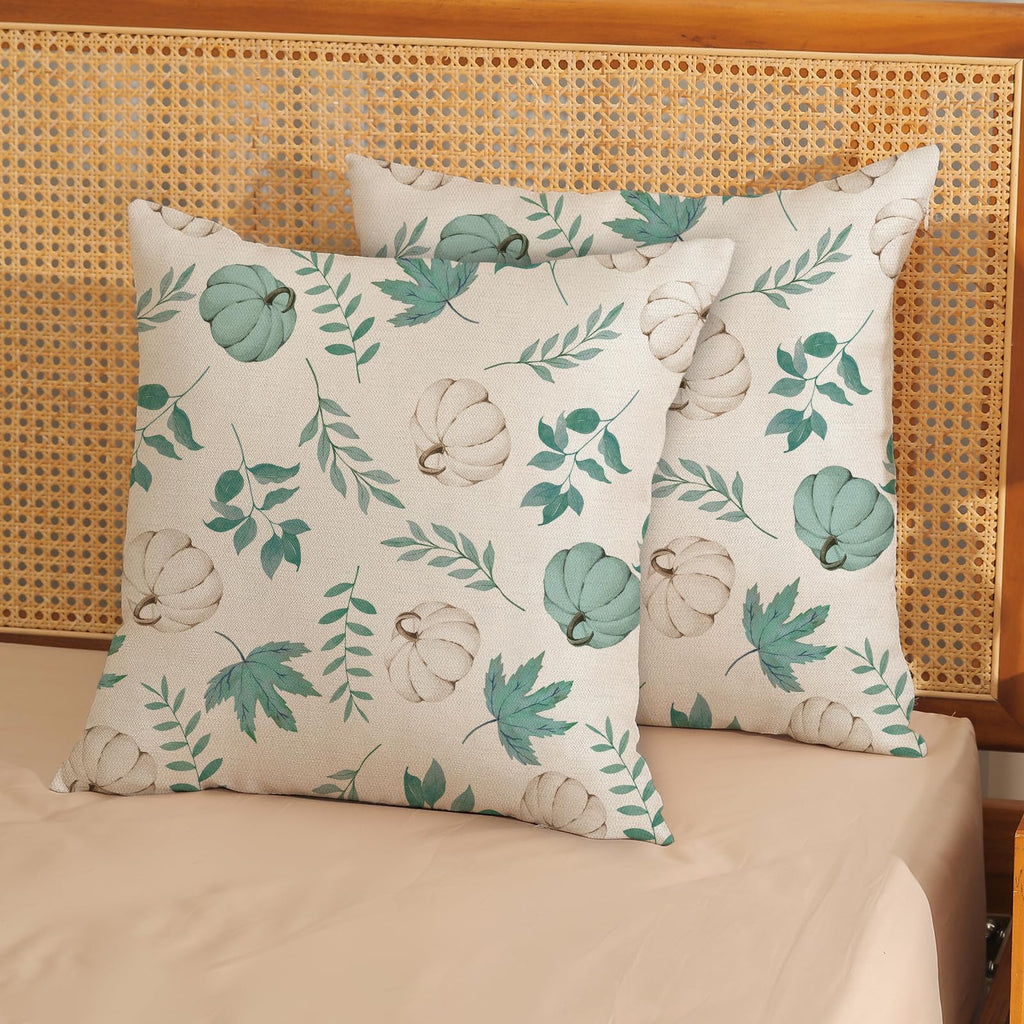 Gohdiwh Fall Pillow Covers 18X18 Set Of 2 Aqua Green White Pumpkin Maple Leaves Pillowcase For Home Fall Decor Throw Pillow Cove