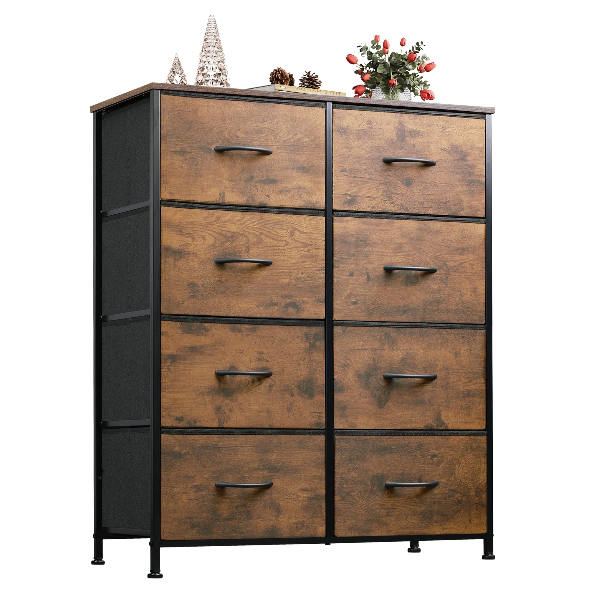Wlive Tall Fabric Dresser With 8 Drawers, Storage Tower With Fabric Bins, Double Dresser, Chest Of Drawers For Closet, Bedroom, Living Room, Hallway, Dorm, Rustic Brown Wood Grain Print