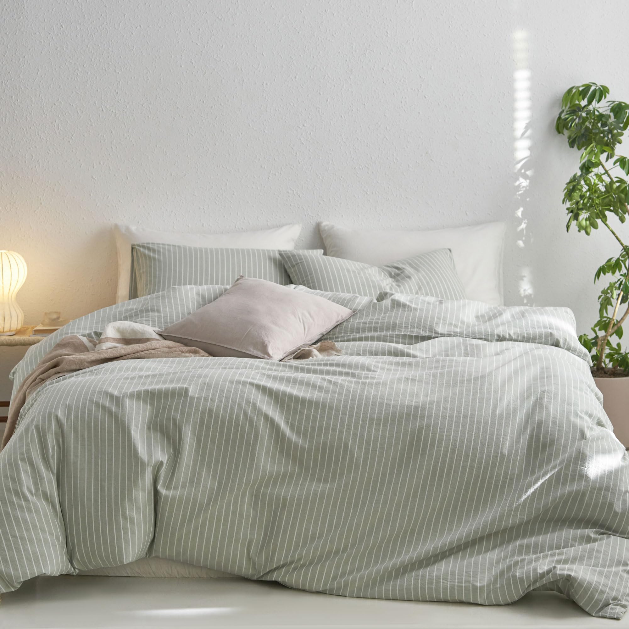 Moomee Striped Duvet Cover Set 100% Washed Cotton Linen Like Textured Breathable Durable Soft Comfy (Sage Green White Wide Strip