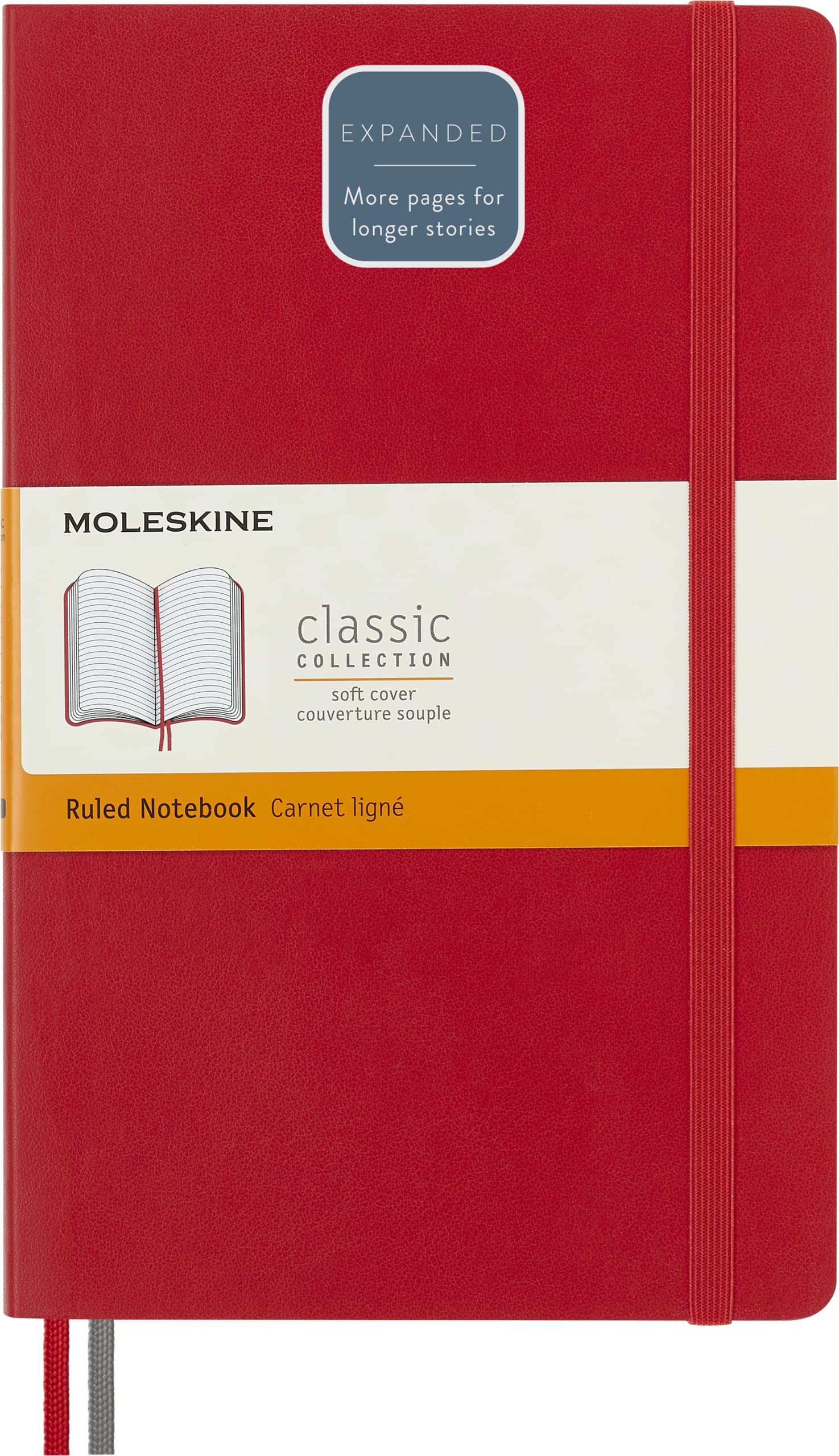 Moleskine Classic Expanded Notebook, Soft Cover, Large (5' X 8.25') Ruled/Lined, Red, 400 Pages