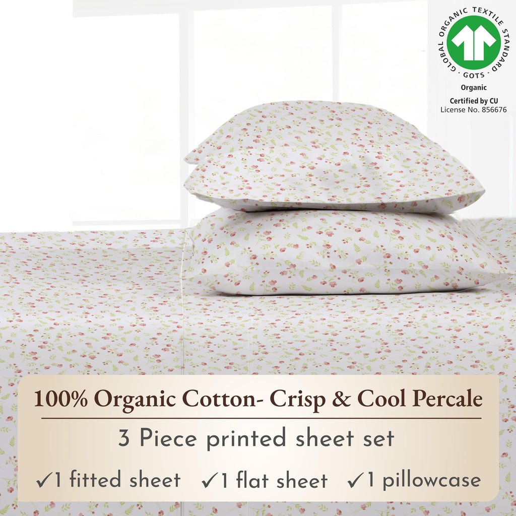 California Design Den Twin Floral Sheet Set, 100% Organic Cotton Percale Sheets, Deep Pocket Twin Sheets & Pillowcase Set - Floral