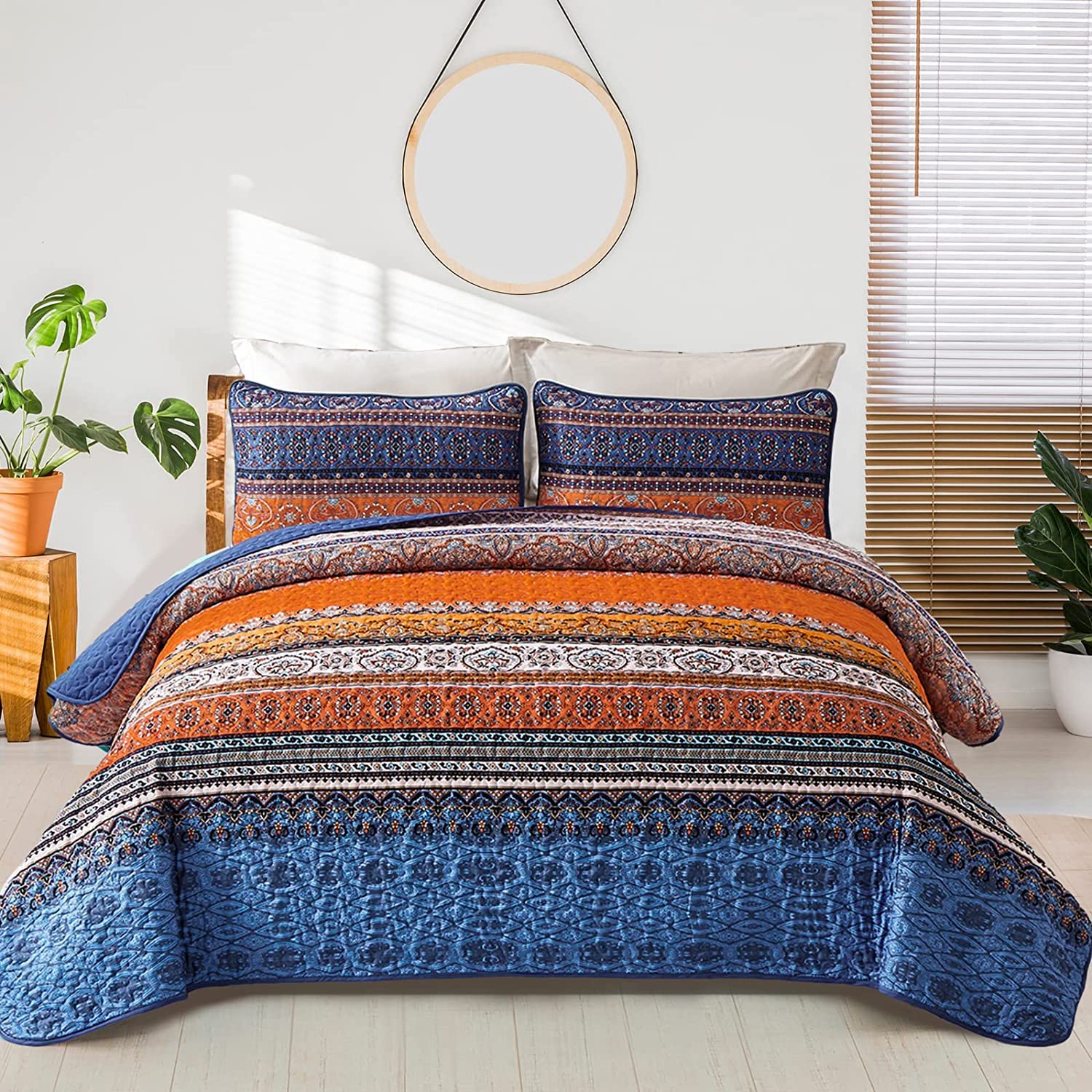 Wongs Bedding Boho Fall Quilt Full Size, 3 Pieces Orange Blue Bohemian Lightweight Microfiber Bed Decor Bedspread For All Season