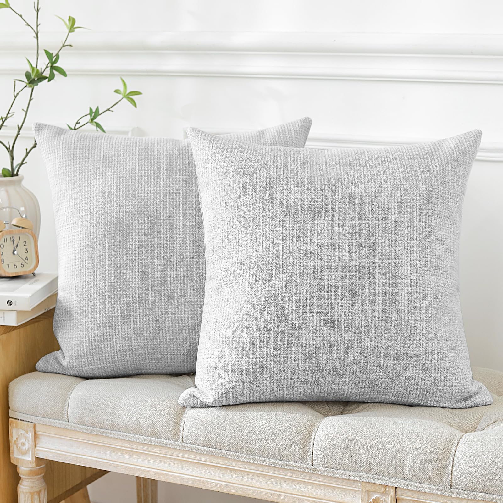 Otostar Pack Of 2 Throw Pillow Covers 18X18 Inch Linen Light Grey Pillowcases Farmhouse Decorative Solid Pillow Covers 45X45 Cm