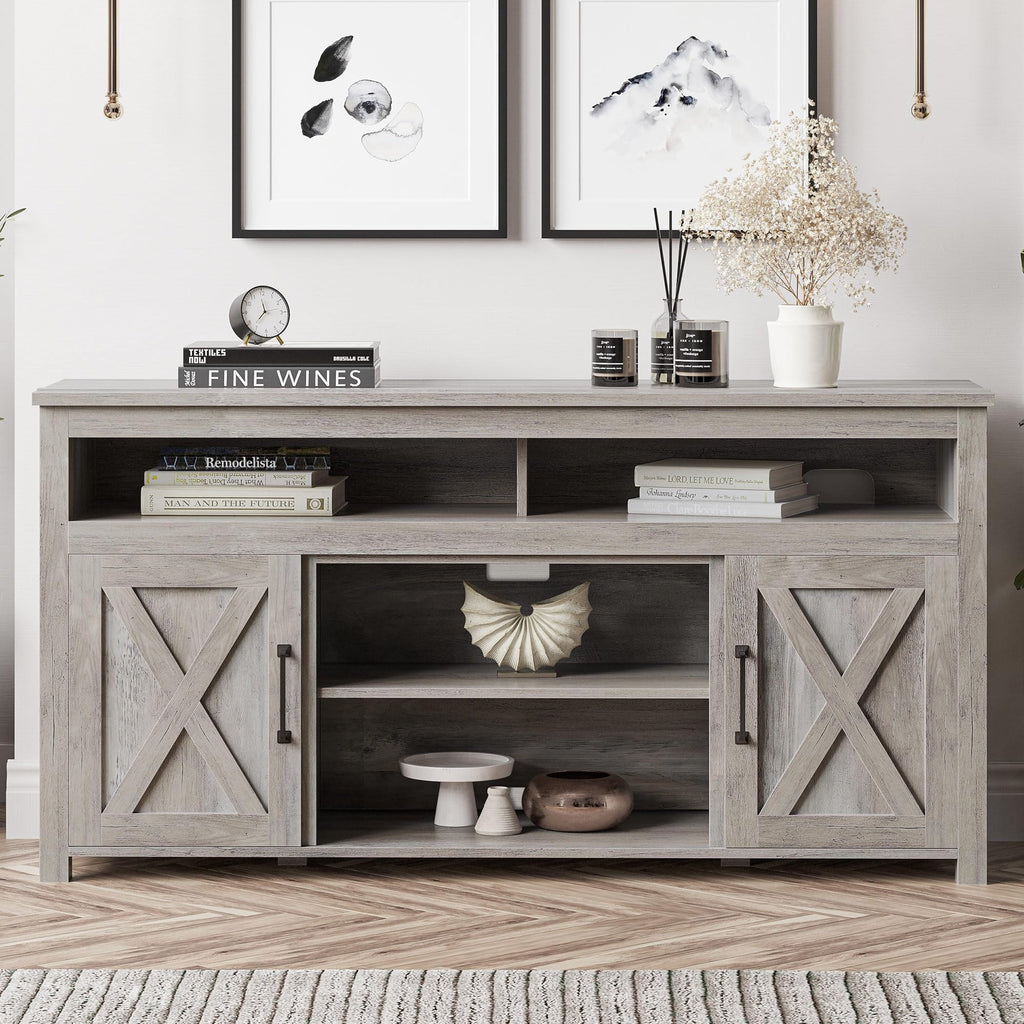 Belleze Modern 58 Inch Barn Door Wood Tv Stand & Media Entertainment Center Console Table For Tvs Up To 65 Inches With Two Open Shelves And Cabinets - Corin (Gray Wash)