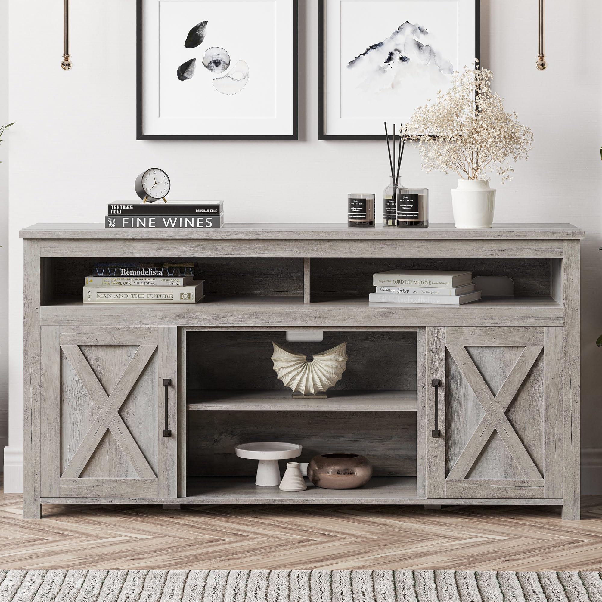 Belleze Modern 58 Inch Barn Door Wood Tv Stand & Media Entertainment Center Console Table For Tvs Up To 65 Inches With Two Open Shelves And Cabinets - Corin (Gray Wash)