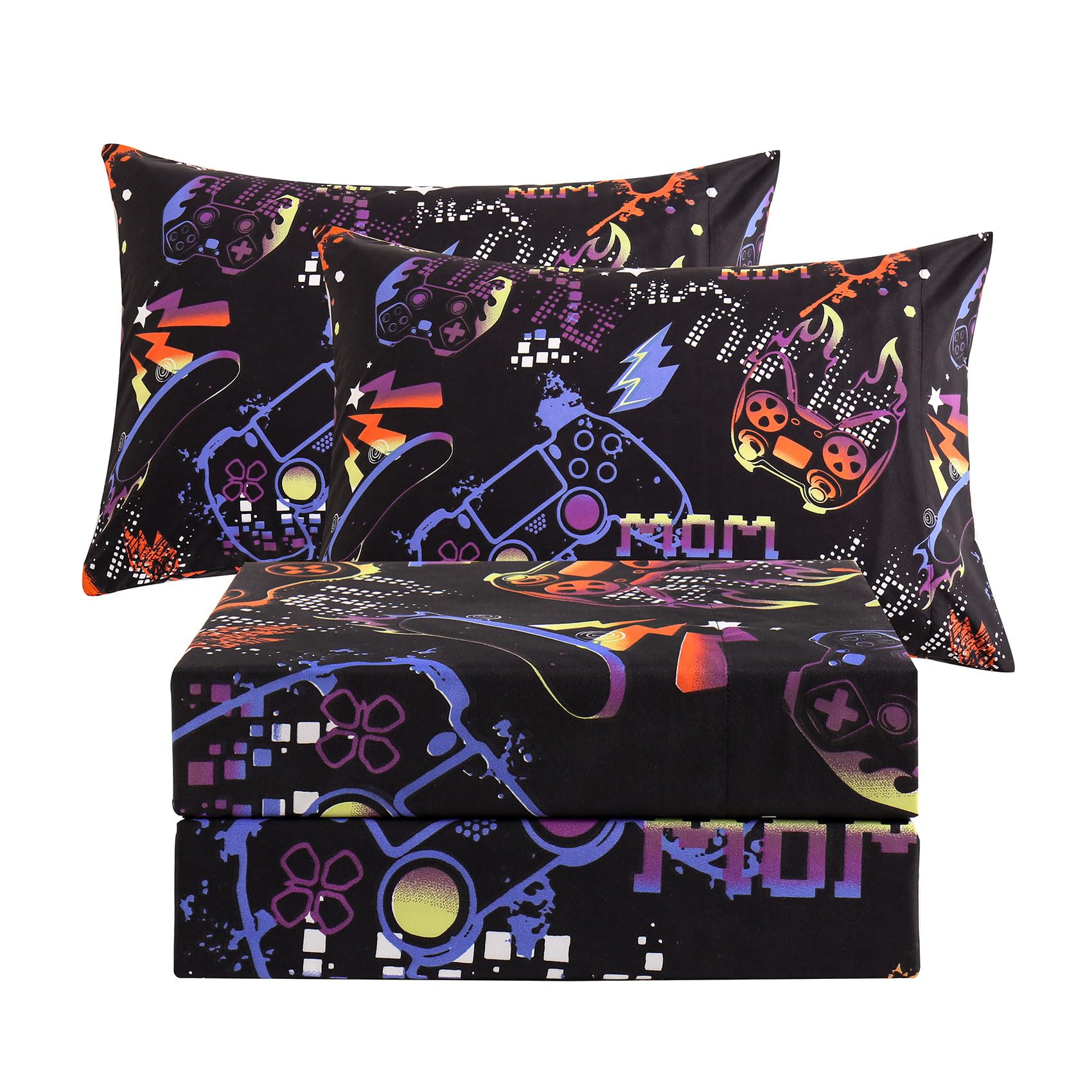 Jsd Black Gaming Sheet Set Full Size, 4 Piece Soft Kids Printed Microfiber Bed Sheets Deep Pocket