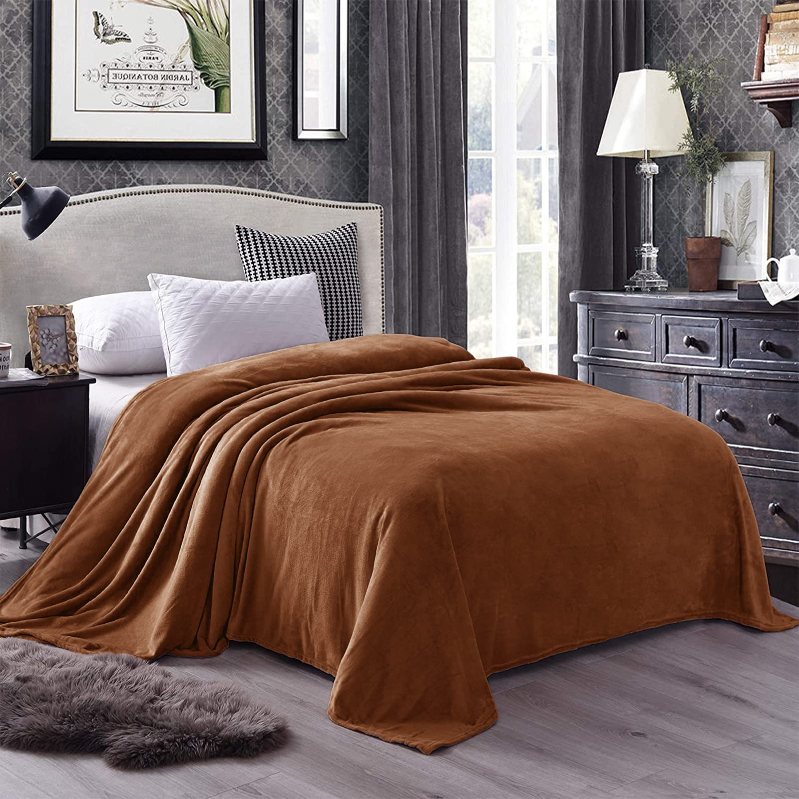 Exclusivo Mezcla Twin Size Flannel Fleece Velvet Plush Bed Blanket As Bedspread, Coverlet, Bed Cover (90X66 In, Brown) Soft, Lig