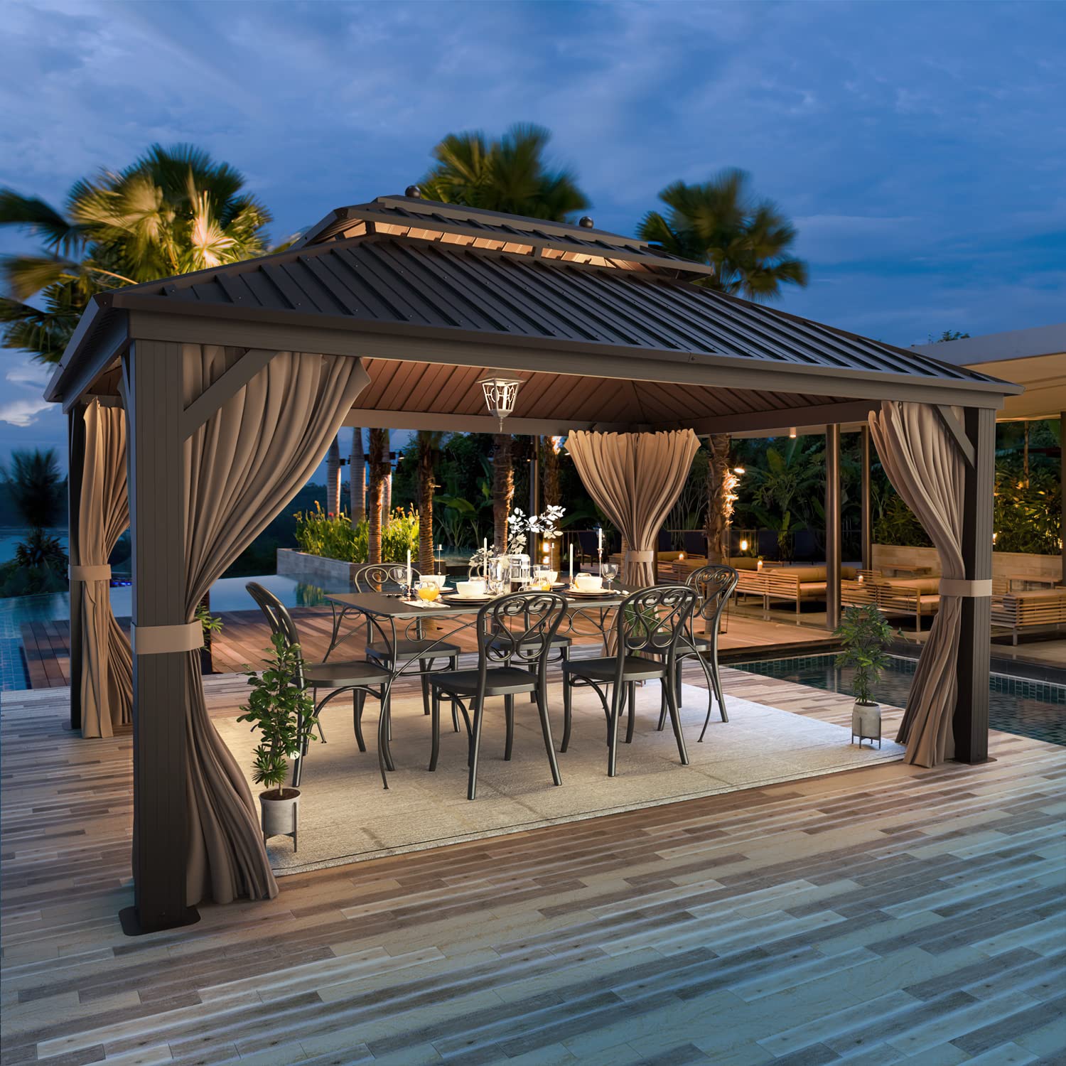 Erommy 10'X13' Hardtop Gazebo, Galvanized Steel Outdoor Aluminum Canopy With Netting And Shaded Curtains, Double Roof Pergolas,