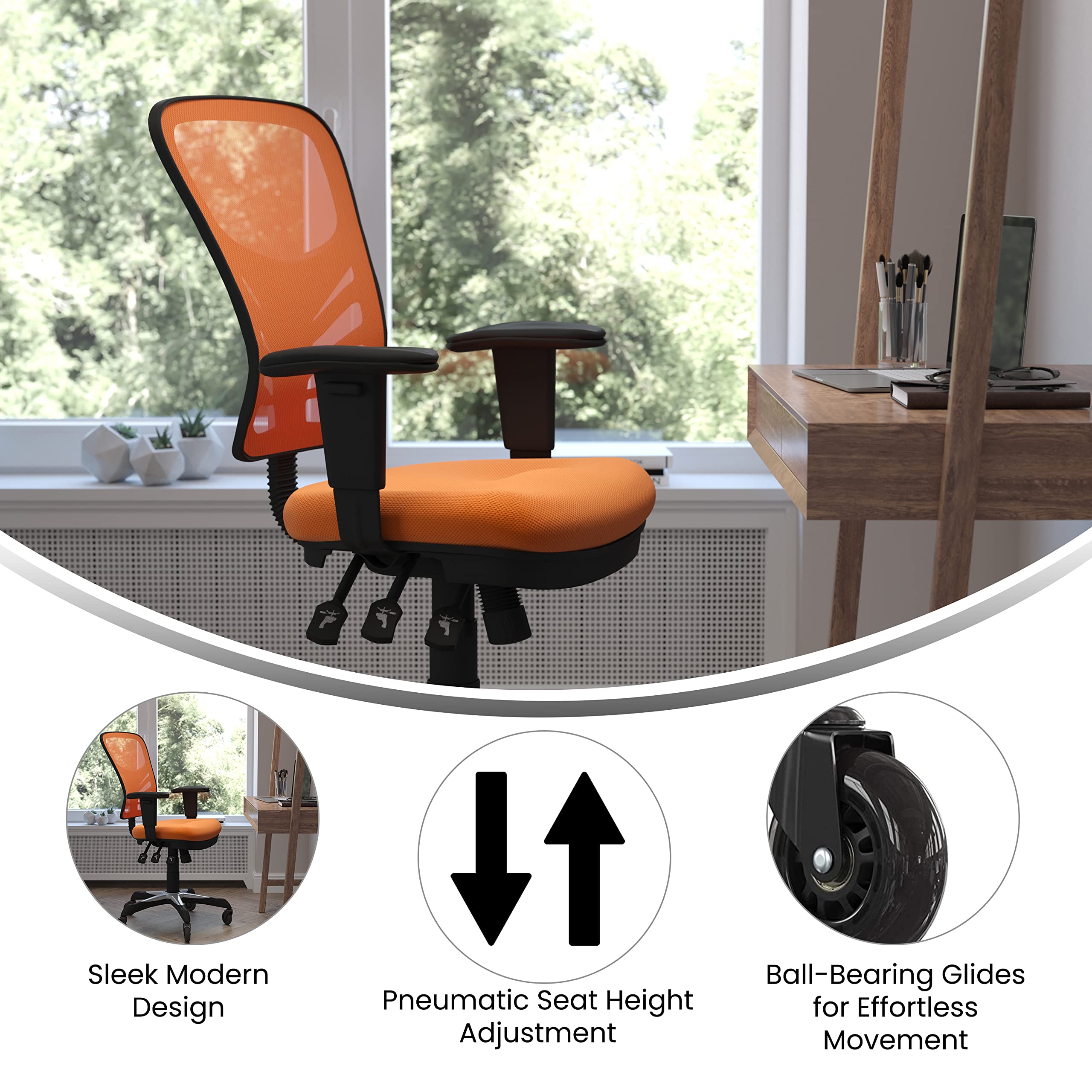 Flash Furniture Nicholas Mid-Back Orange Mesh Multifunction Executive Swivel Ergonomic Office Chair With Adjustable Arms And Transparent Roller Wheels