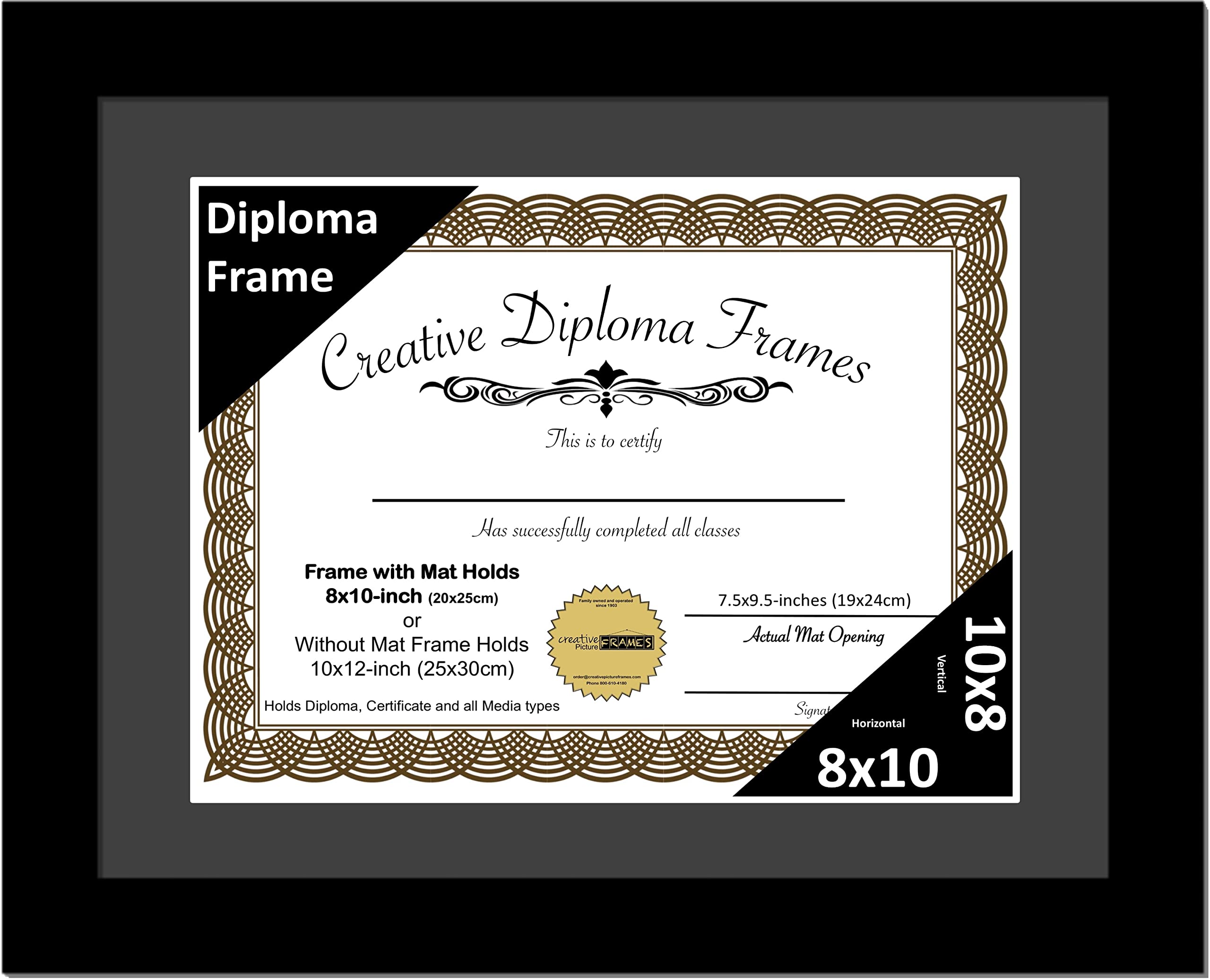 Creative Picture Frames 8x10 Classic Black Diploma Frame with Black Mat Glass Easel and Installed Wall Hangers | Frame Holds 10x