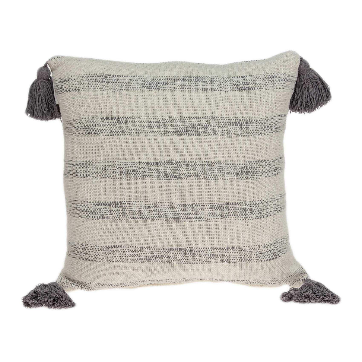 HomeRoots 100% Cotton Parkland Collection Seema Transitional Beige Printed Striped Tassel Pillow Cover with Poly Insert