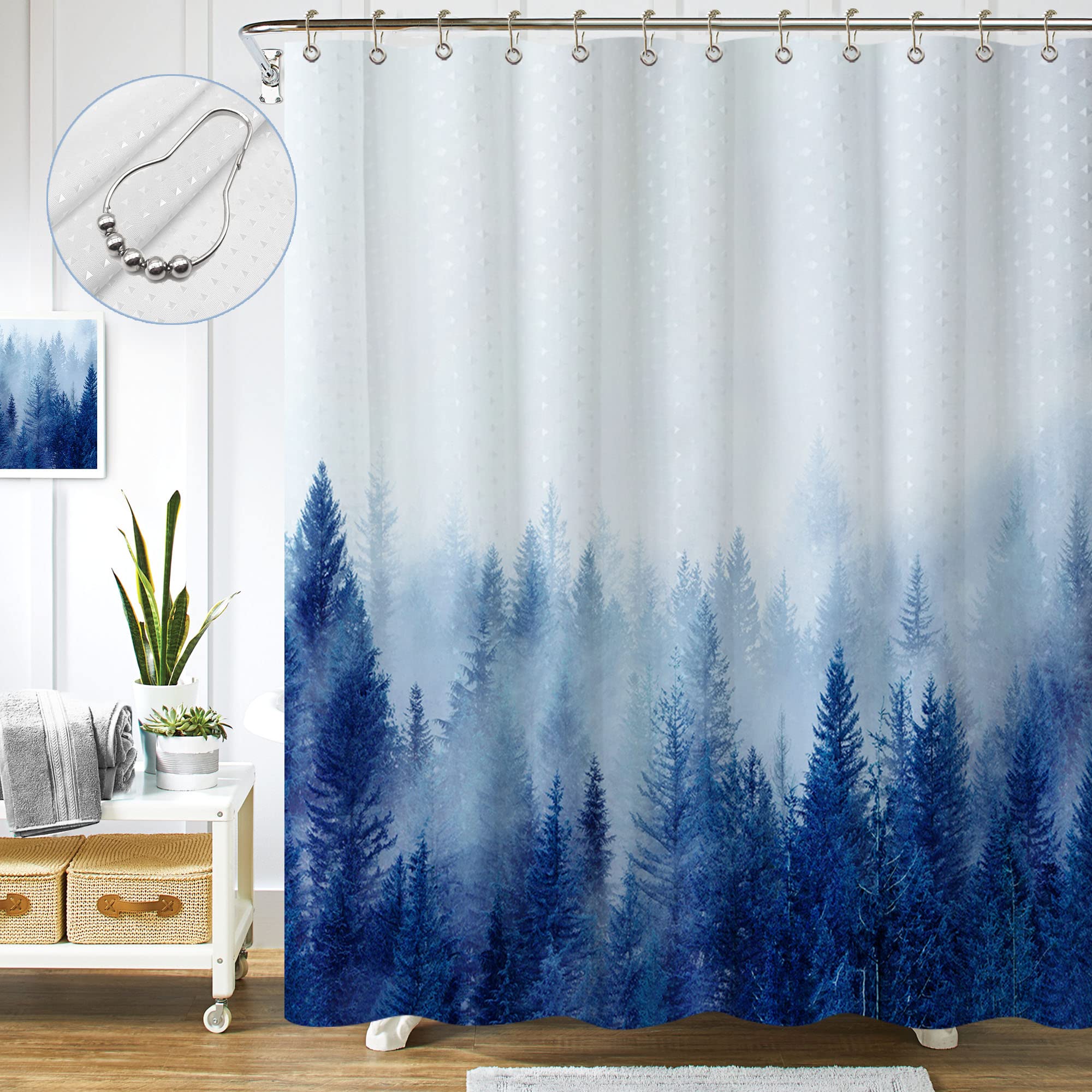 ORTIGIA Blue Misty Forest Shower Curtain Set,Nature Mountain Shower Curtain with Hooks,Fantasy Fog Tree Bath Curtain for Bathroo