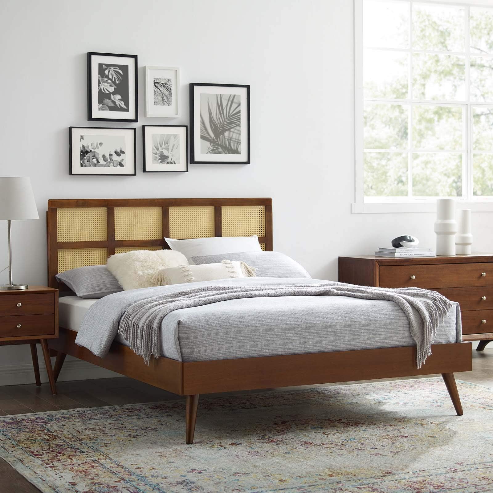 Modway Sidney Cane Rattan And Wood Full Platform Bed In Walnut With Splayed Legs