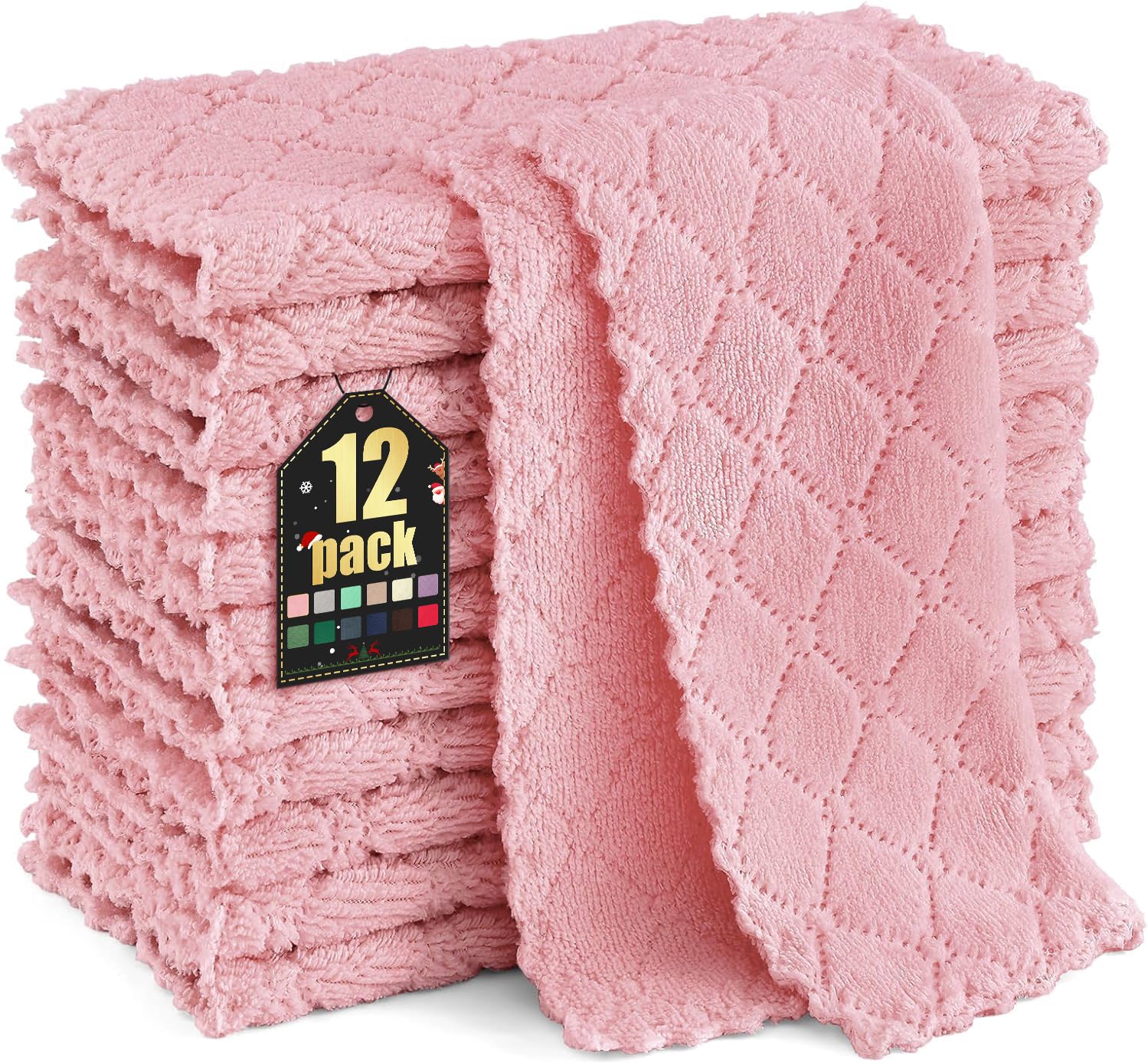 Homaxy 12 Pack Kitchen Dish Cloths (10 x 10 Inches, Pink), Super Soft and Absorbent Coral Velvet Dish Towels, Nonstick Oil Fast 
