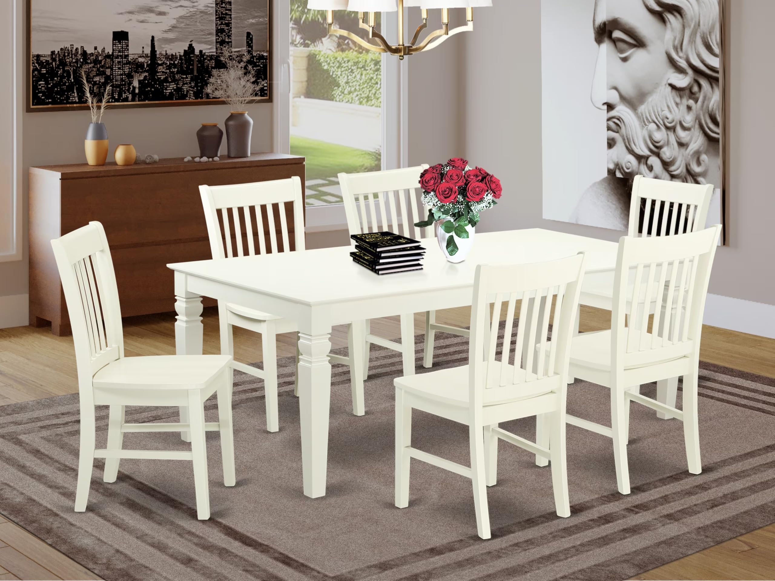 East West Furniture Lgno7-Lwh-W 7 Piece Dining Table Set Consist Of A Rectangle Dining Room Table With Butterfly Leaf And 6 Wooden Seat Chairs, 42X84 Inch, Linen White