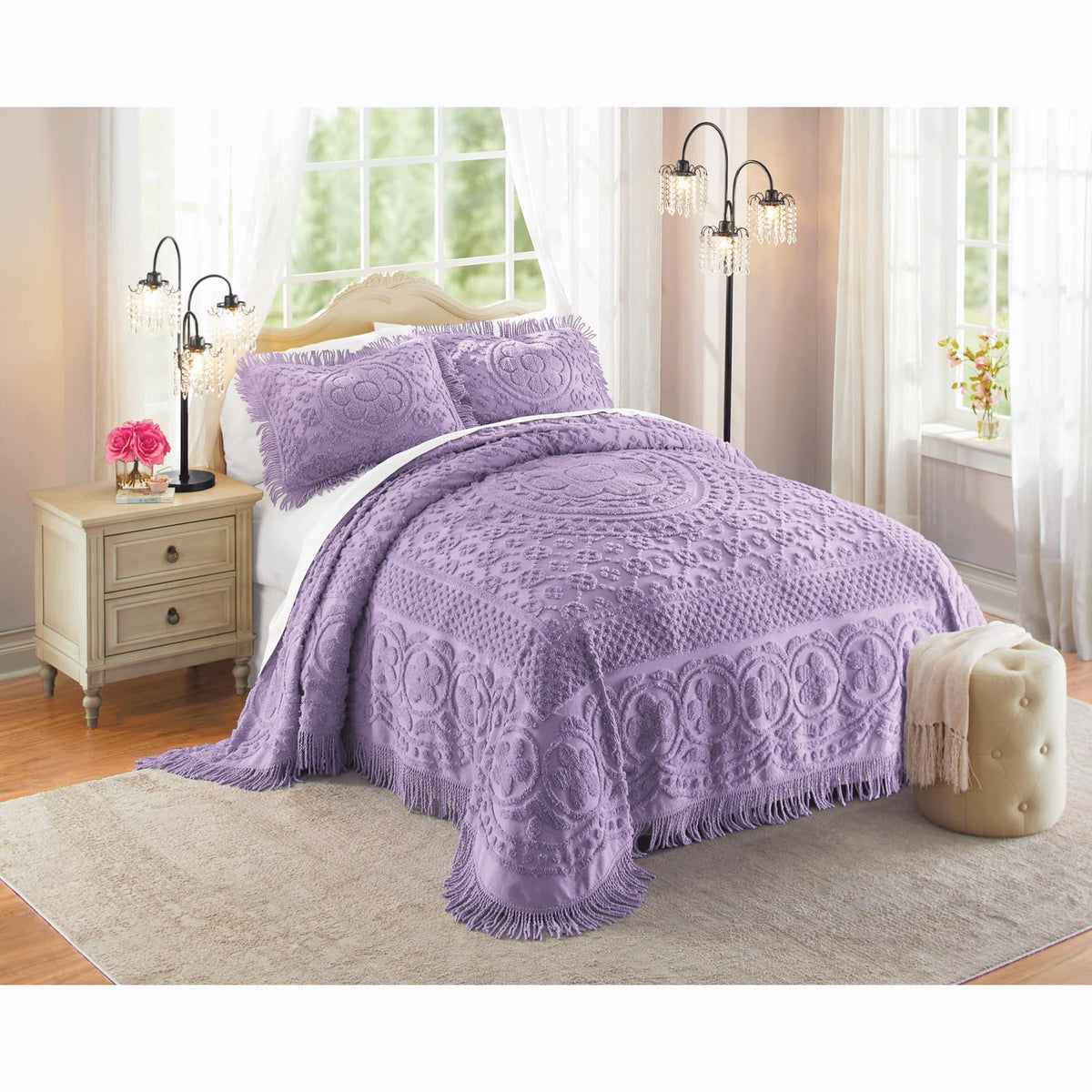 Montgomery Ward Emily Floral Chenille Bedspread, Soft Cotton Comforter, Queen Size Quilt In Lavender - Luxury Hotel Bedding, Que