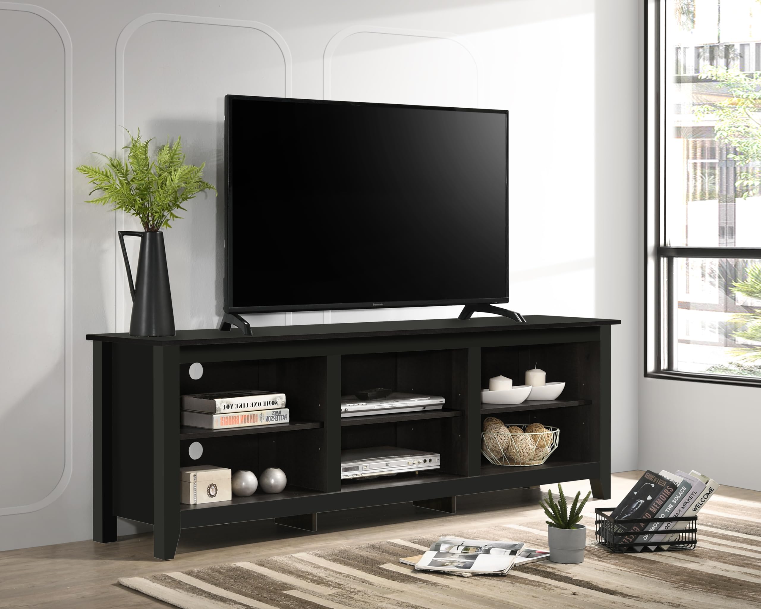 Lilola Home Benito Black 70' W TV Stand with Open Shelves and Cable Management