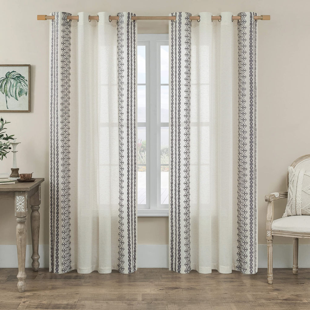 SEEKRIGHT Grey Boho Curtains 72 Inch Length for Living Room Grommet Semi Sheer Linen Curtains Striped Embroidered Window Curtain