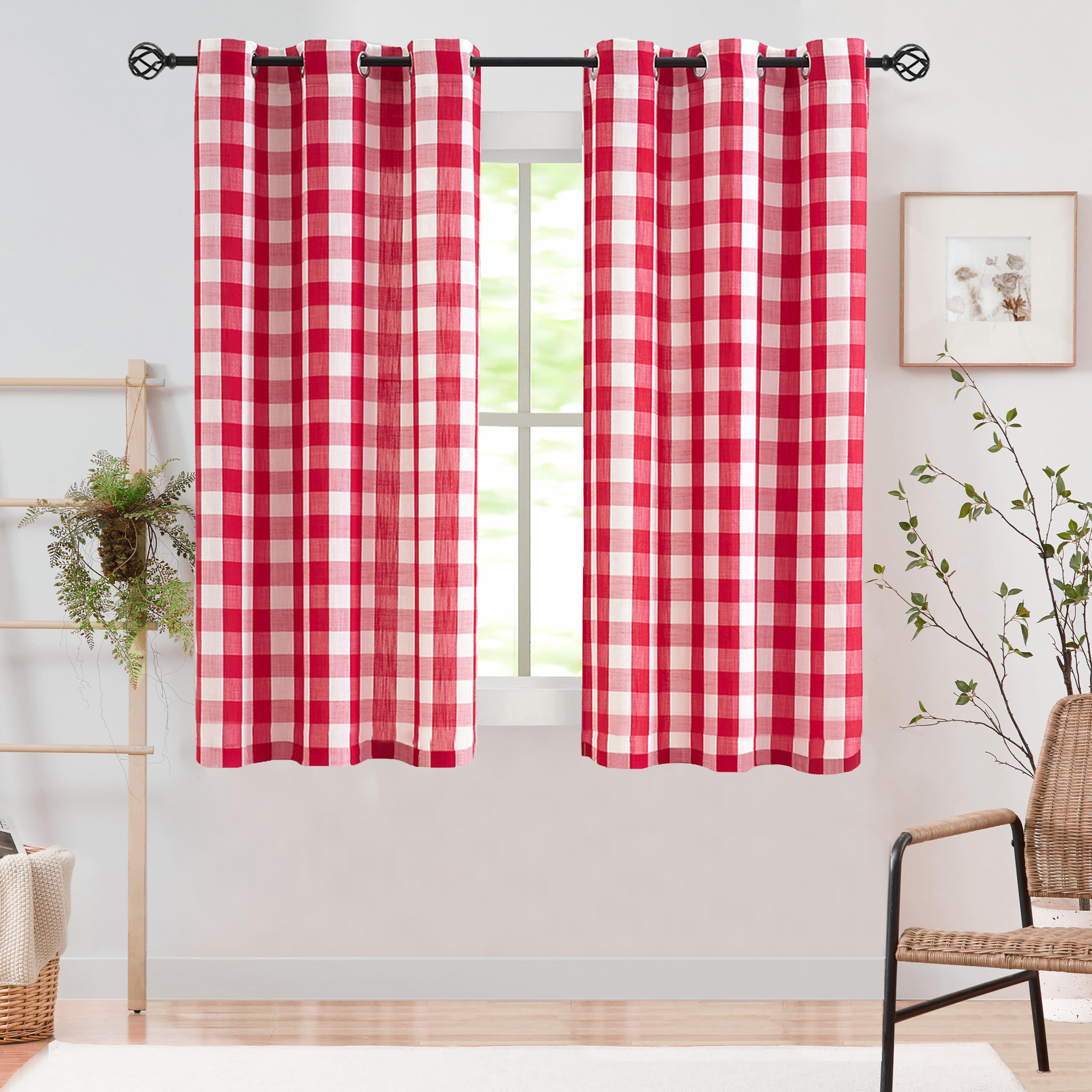 Jubilantex Red White Buffalo Check Semi Sheer Curtain Panels Gingham Plaid Textured Curtains Drapery,Farmhouse Grommet Window Dr