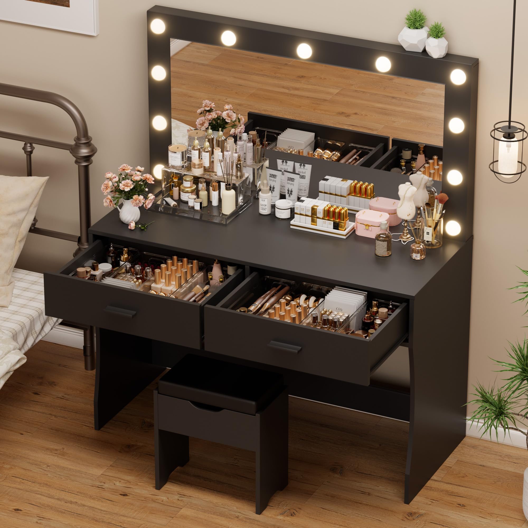 YESHOMY Vanity Desk with Mirror, Power Outlet and 11 Lights, Makeup Table with 2 Drawers, 3 Color Modes Available for Bedroom, A