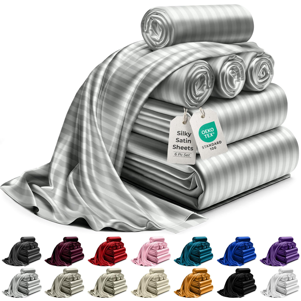 Decolure Striped Satin Sheet Queen Set 6Pc - Luxurious Silk Feel Sheets Queen - All-Season Satin Silky Soft Queen Size Satin Bed