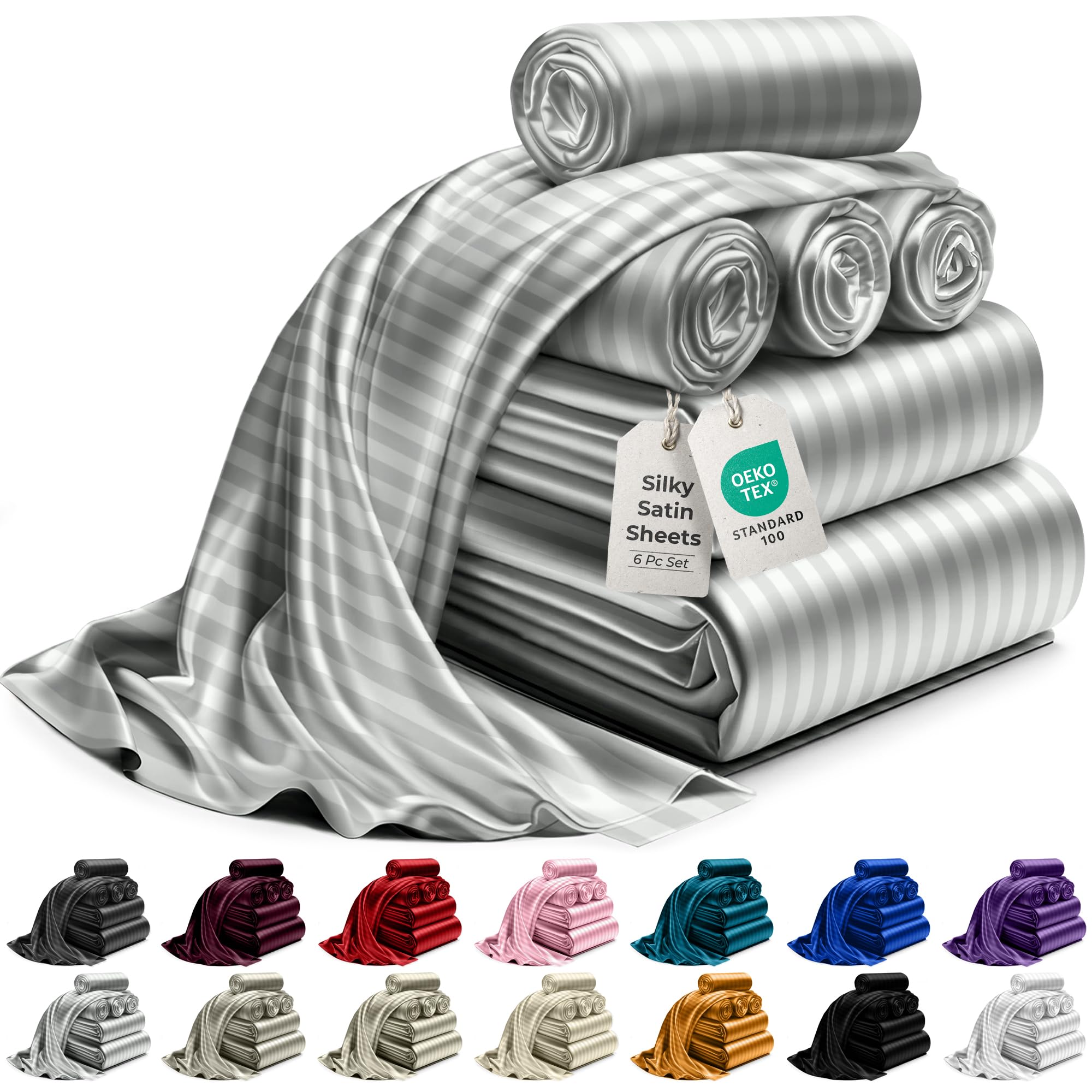 Decolure Striped Satin Sheet Queen Set 6Pc - Luxurious Silk Feel Sheets Queen - All-Season Satin Silky Soft Queen Size Satin Bed