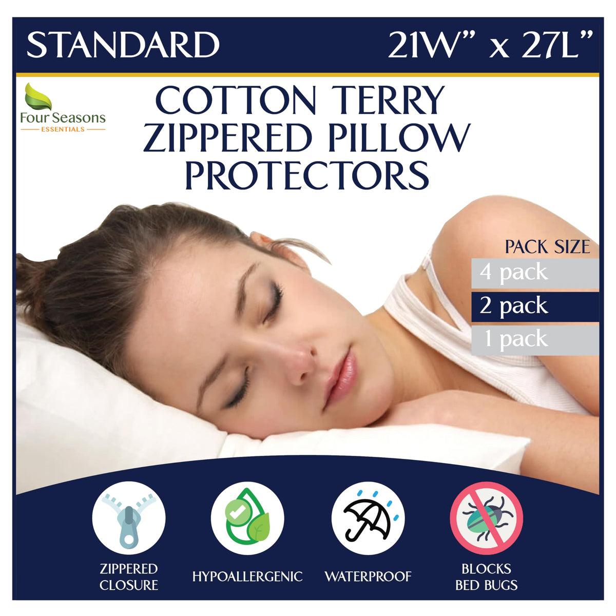 Standard Pillow Protectors (Set Of 2) - Pillow Cover Waterproof Hypoallergenic Dust Proof Zippered Encasement- Cotton Terry