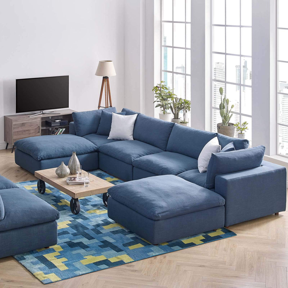 Modway Commix Down-Filled Overstuffed Upholstered 6-Piece Sectional Sofa Set In Azure