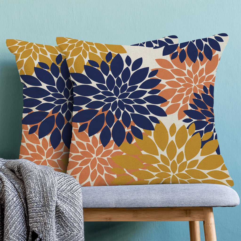Navy Blue Summer Outdoor Pillow Covers 18X18 Inch Set Of 2 Mustard Yellow Coral Dahlia Floral Decor Throw Pillows Modern Geometr