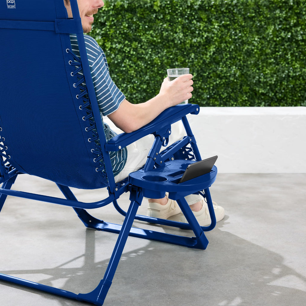 Best Choice Products Adjustable Zero Gravity Chair, Monochromatic Color Folding Patio Recliner W/Side Tray, Headrest - Marine