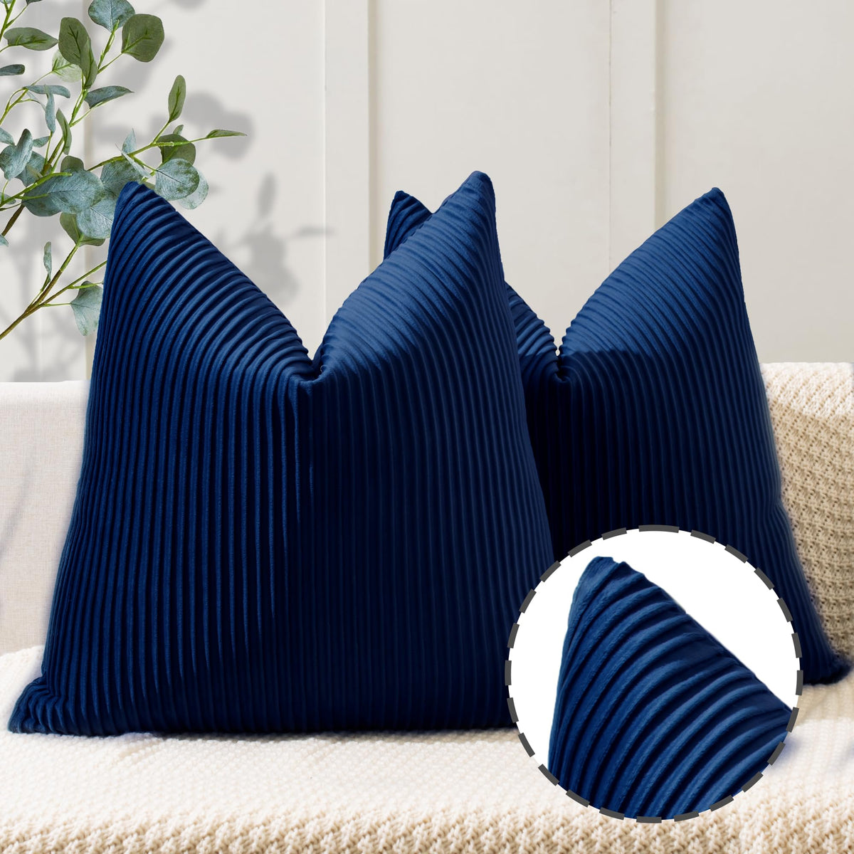 Ycoll Navy Blue Pillow Covers 18X18 Set Of 2 Velvet Striped Pattern - Soft Throw Pillows For Home Decor, Luxury Decorative Pillo