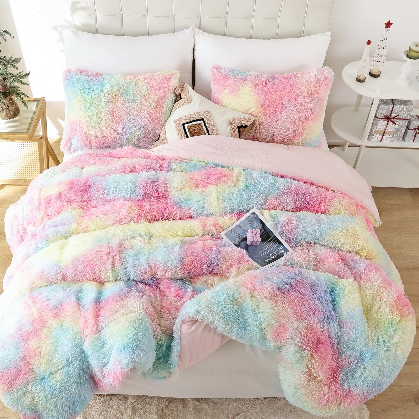 Smoofy Faux Fur Rainbow Comforter Set Queen Size 3Pcs Tie Dye Colorful Fluffy Fuzzy Plush Comforter Set Cute Soft Shaggy Velvet