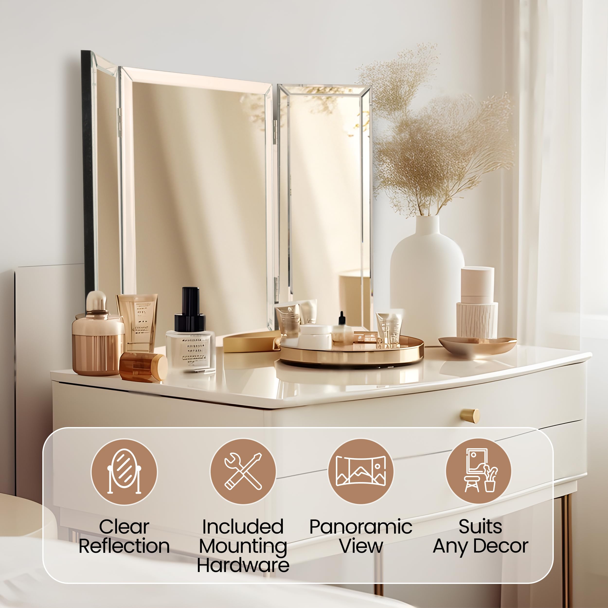 Houseables 3 Way Mirror, Trifold Vanity Mirrors, 21' X 31', 360 Degree View, Tri Fold, Triple Sided, 3Way, Table Top, Wall Mou