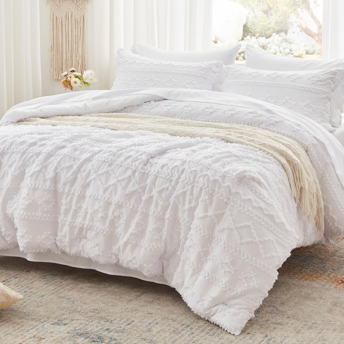 Anluoer King Comforter Set 7 Pieces, White Tufted Bed In A Bag With Comforters And Sheets, All Season Bedding Sets With 1 Comfor