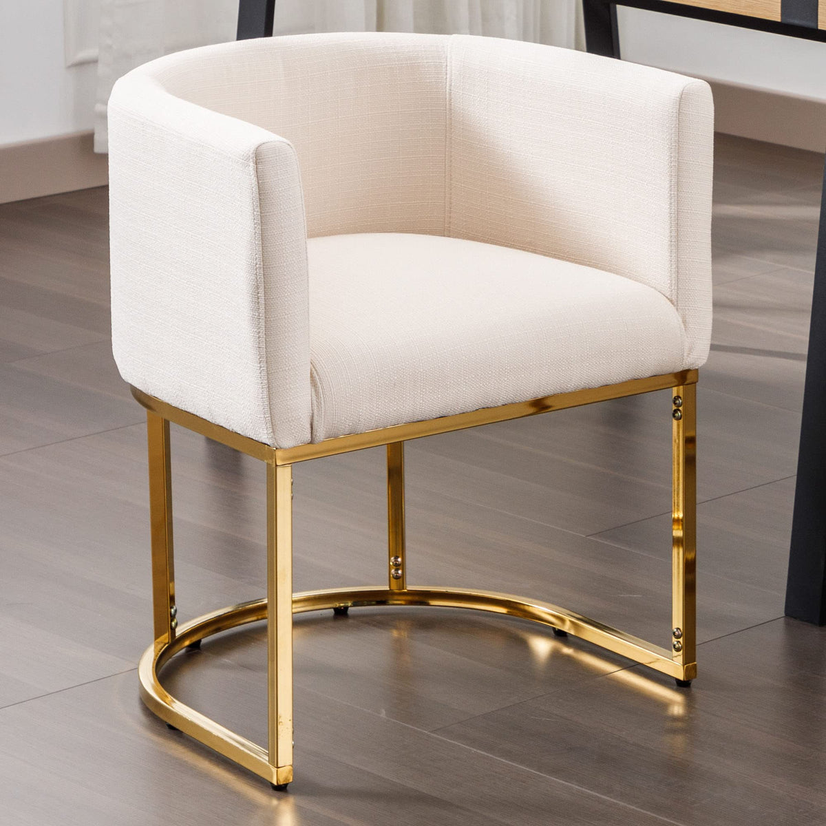 Vescasa Linen Upholstered Dining Chair With Barrel Back, Mid Century Modern Padded Restaurant Chair With Gold Metal Frame For Ki