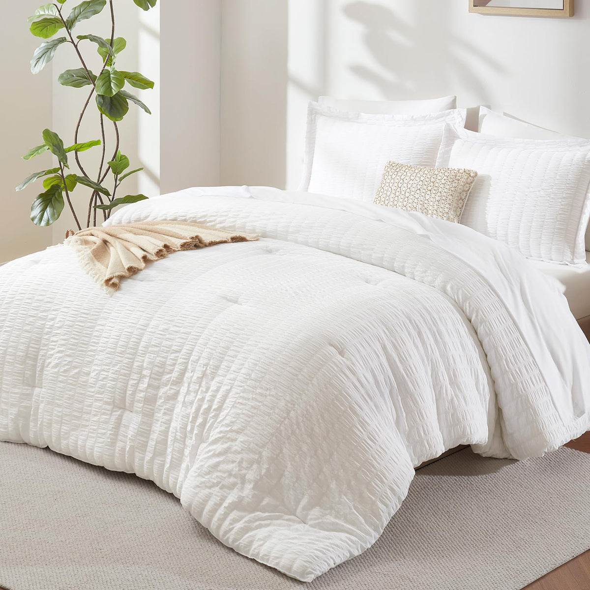 Cozylux California King Seersucker Comforter Set With Sheets White Bed In A Bag 7-Pieces Cal King All Season Bedding Sets With Comforter, Pillow Sham, Flat Sheet, Fitted Sheet, Pillowcase