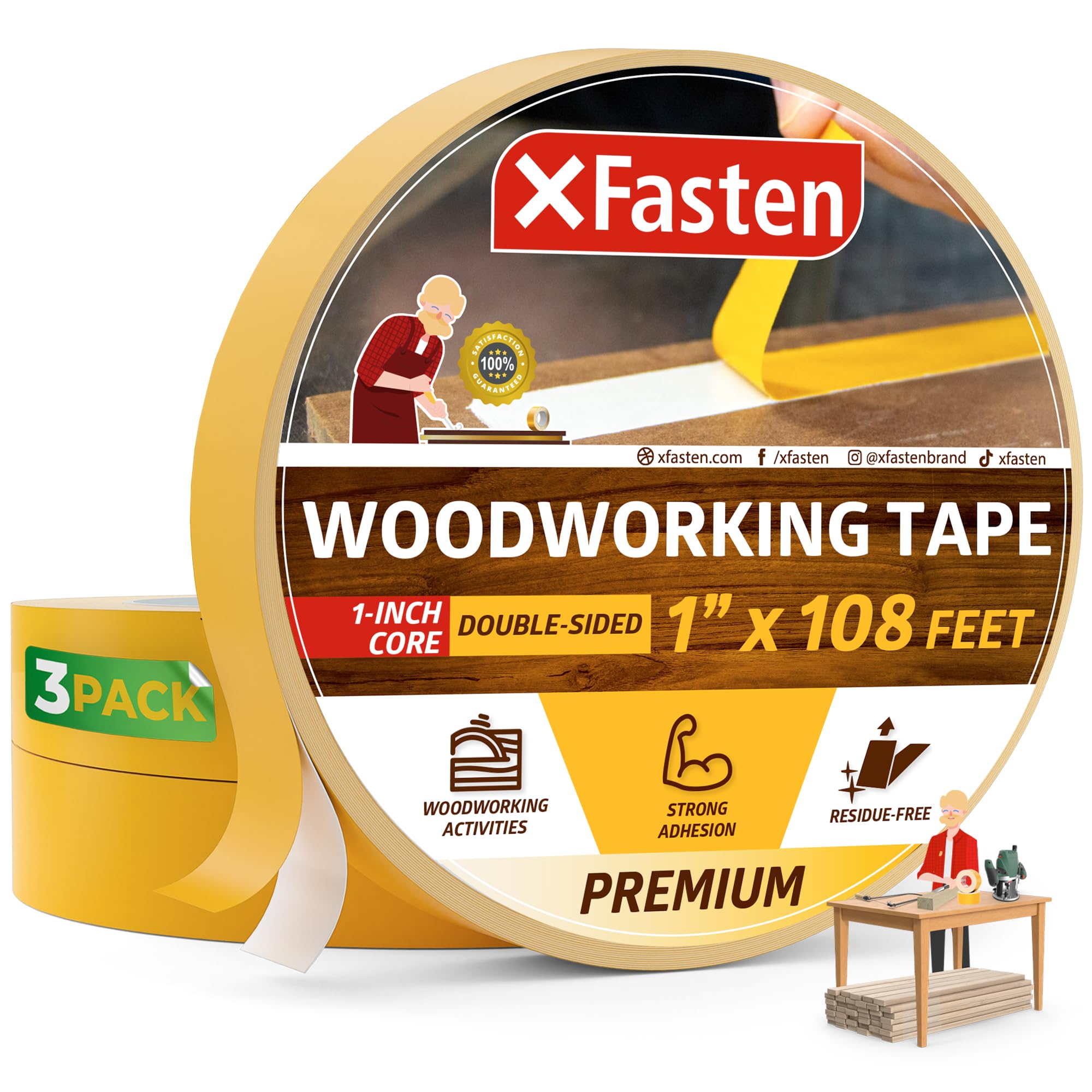 Xfasten Double Sided Woodworking Tape 1 Inch X 36 Yards 3-Pack 324Ft 1-Inch Core No Residue Woodworking Double Sided Tape Heavy