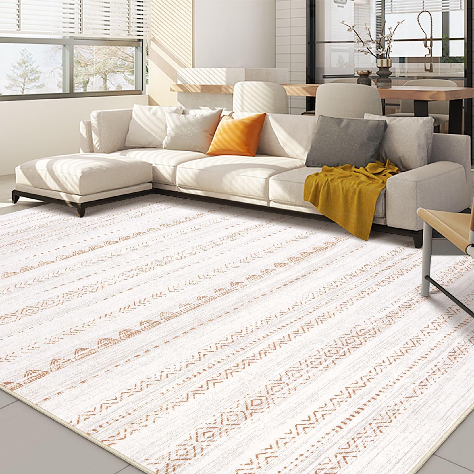 Area Rug Living Room Rugs: 5x7 Large Soft Machine Washable Boho Moroccan Farmhouse Neutral Stain Resistant Indoor Floor Rug Carp