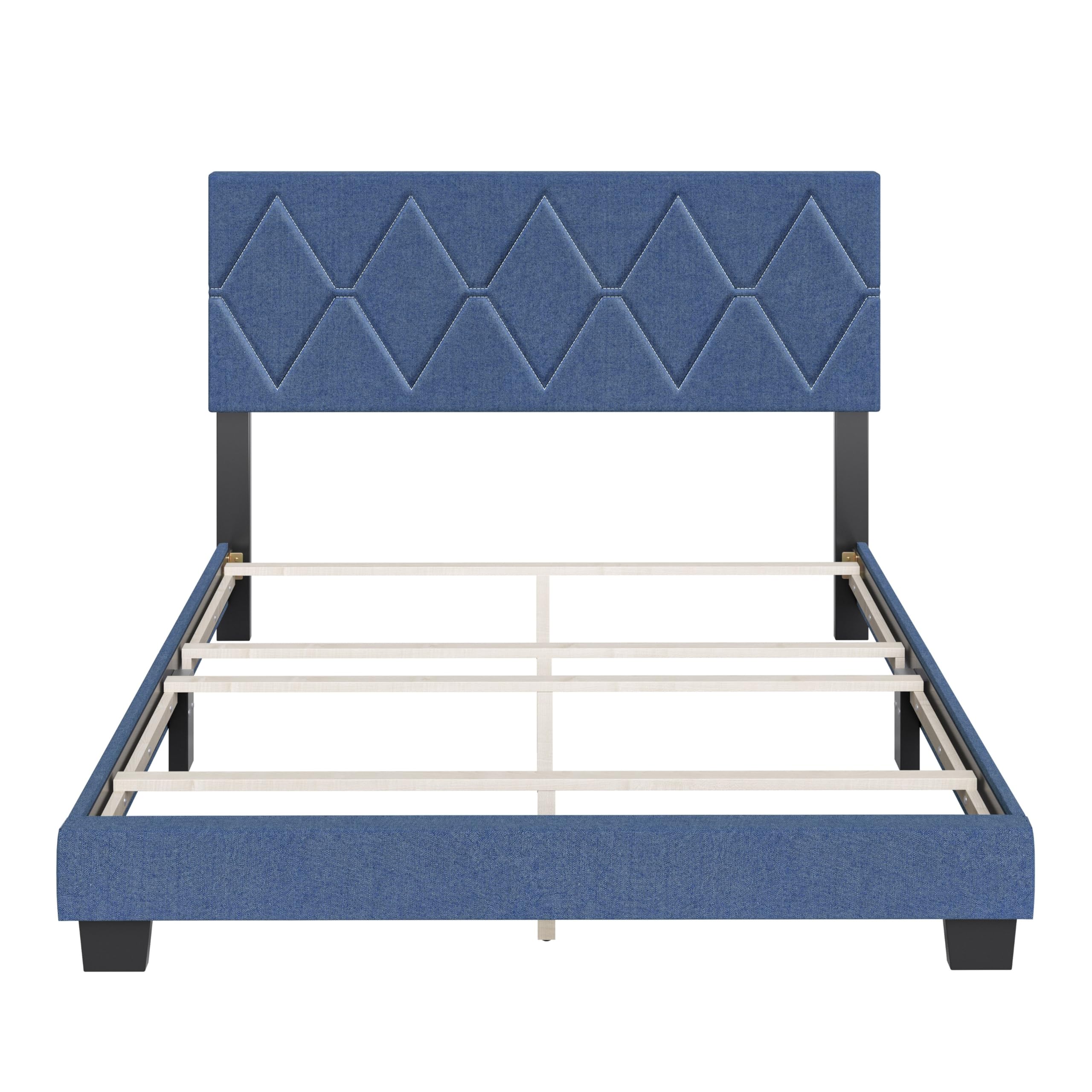 Boyd Sleep Diamond Upholstered Platform Bed with Headboard and Durable Mattress Foundation with Strong 4 Wood Slat Supports, Box Spring Required: Twin, Blue