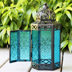 Large Black Metal Decorative Moroccan Lantern Candle Holder Lamp - Indoor/Outdoor, Home Decor, Patio, Weddings, Christmas, Blue