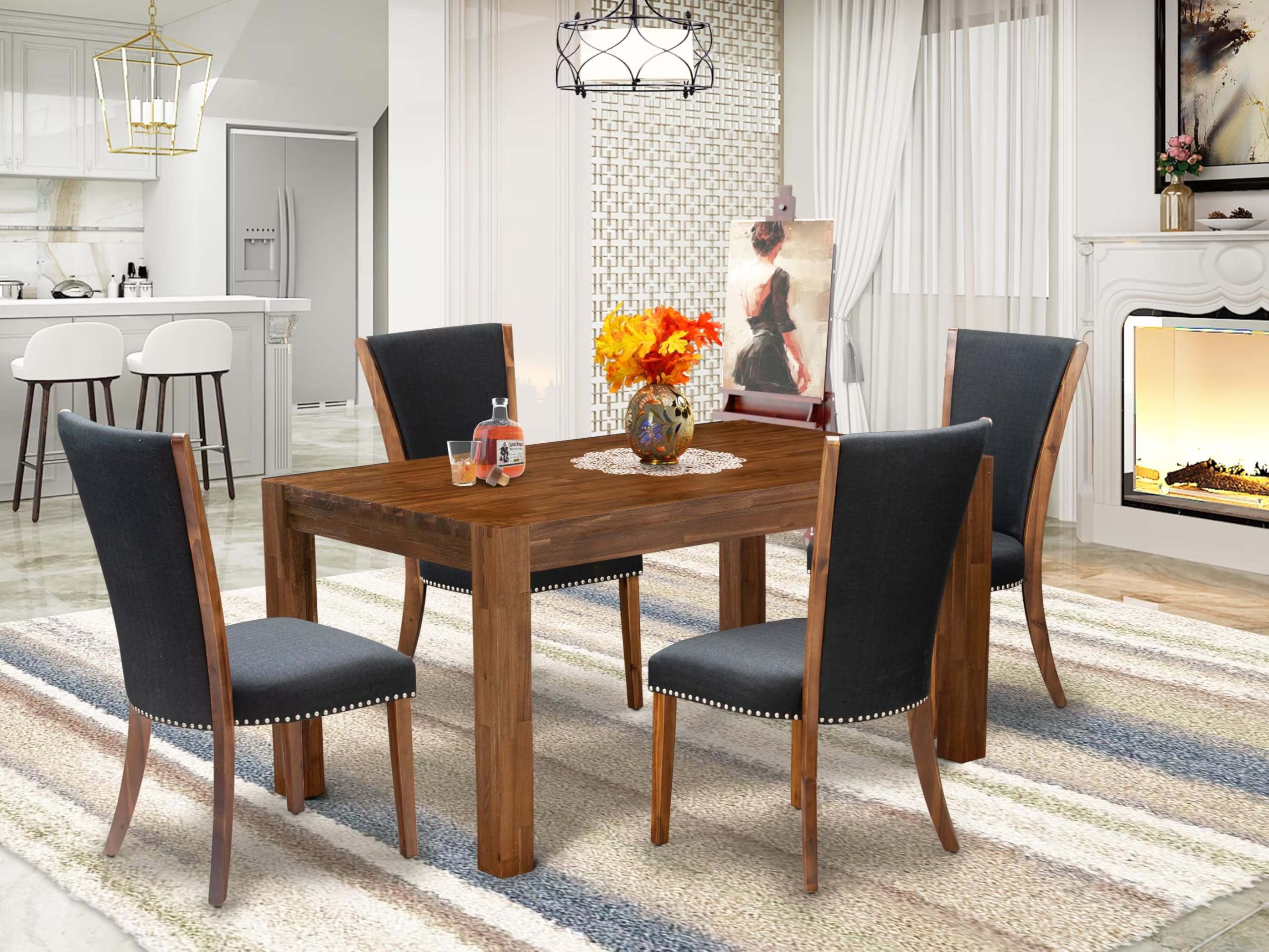 East West Furniture Cnve5-N8-24 5 Piece Modern Dining Table Set Includes A Rectangle Rustic Wood Wooden Table And 4 Black Color Linen Fabric Upholstered Chairs, 36X60 Inch, Natural