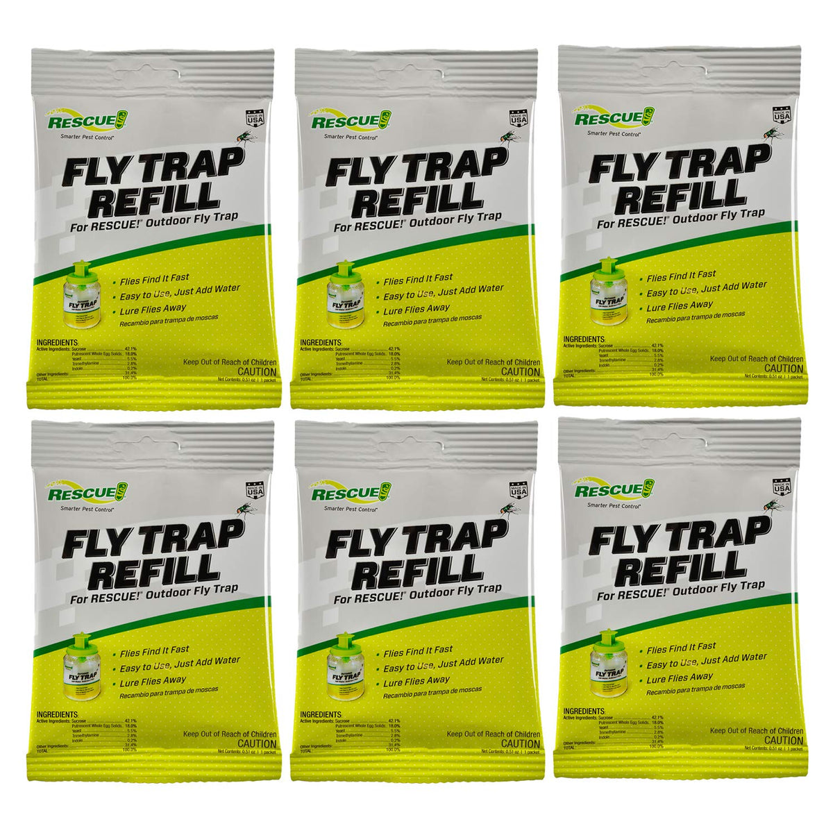 Rescue! Reusable Fly Trap Refill - Outdoor Use - 6 Pack